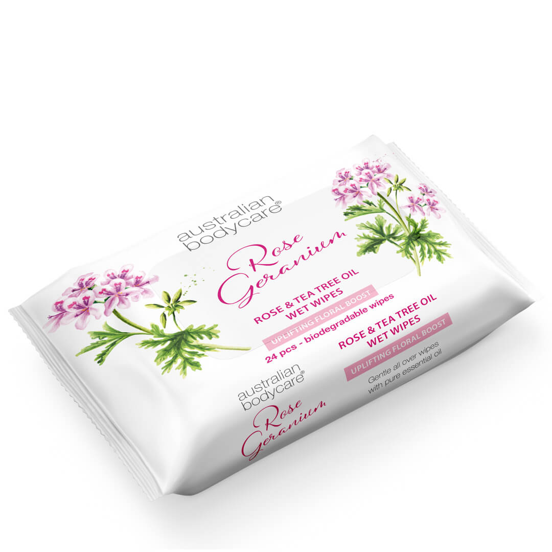 Våtservietter med Rose geranium & Tea Tree Oil 24 stk til kropp og ansikt - Fjerner bakterier, smuss og sminke.