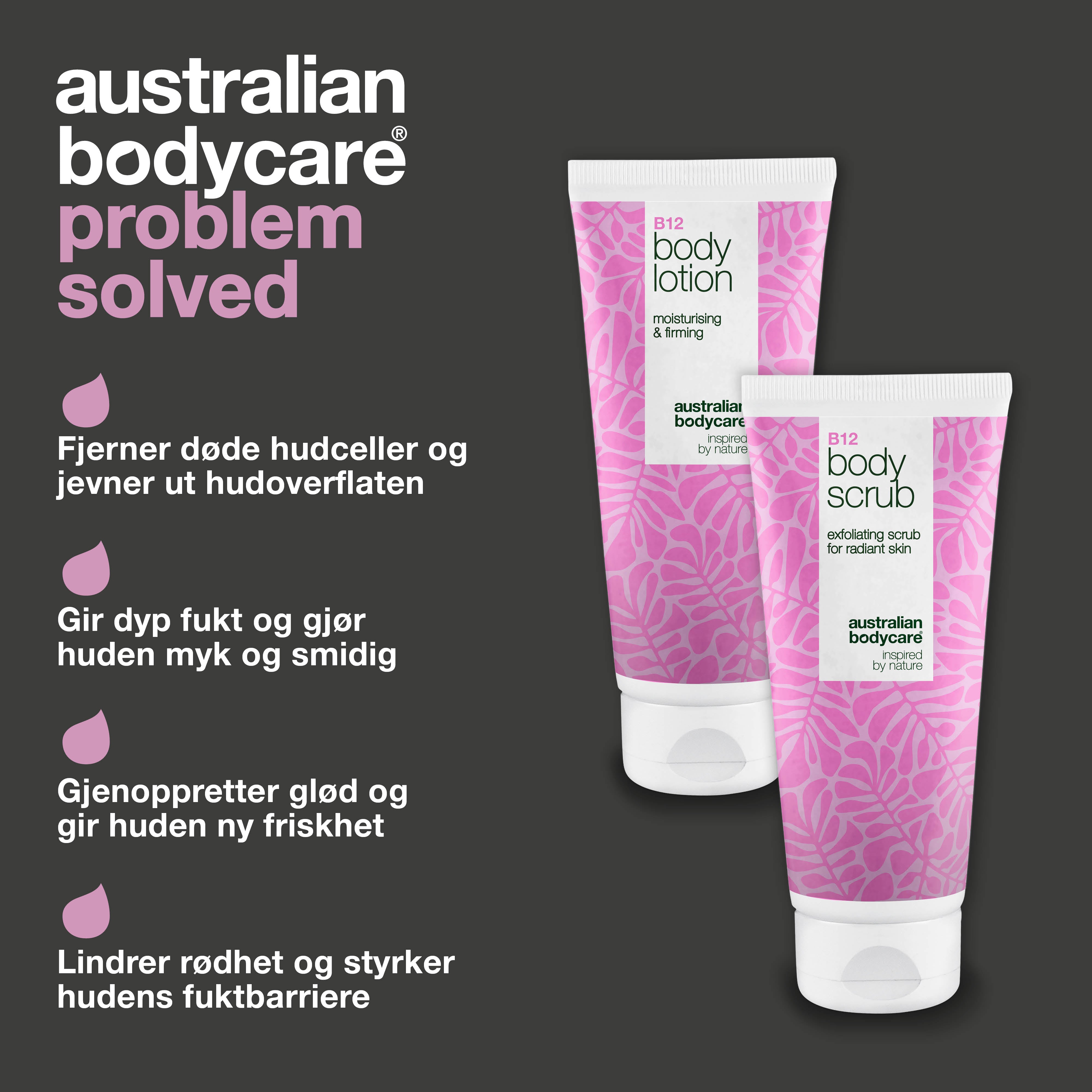 B12 hudpleiesett for tørr hud – Eksfoliering & dyptvirkende fuktpleie — Fuktighetsgivende B12 Body Scrub & Lotion for tørr og sensitiv hud.