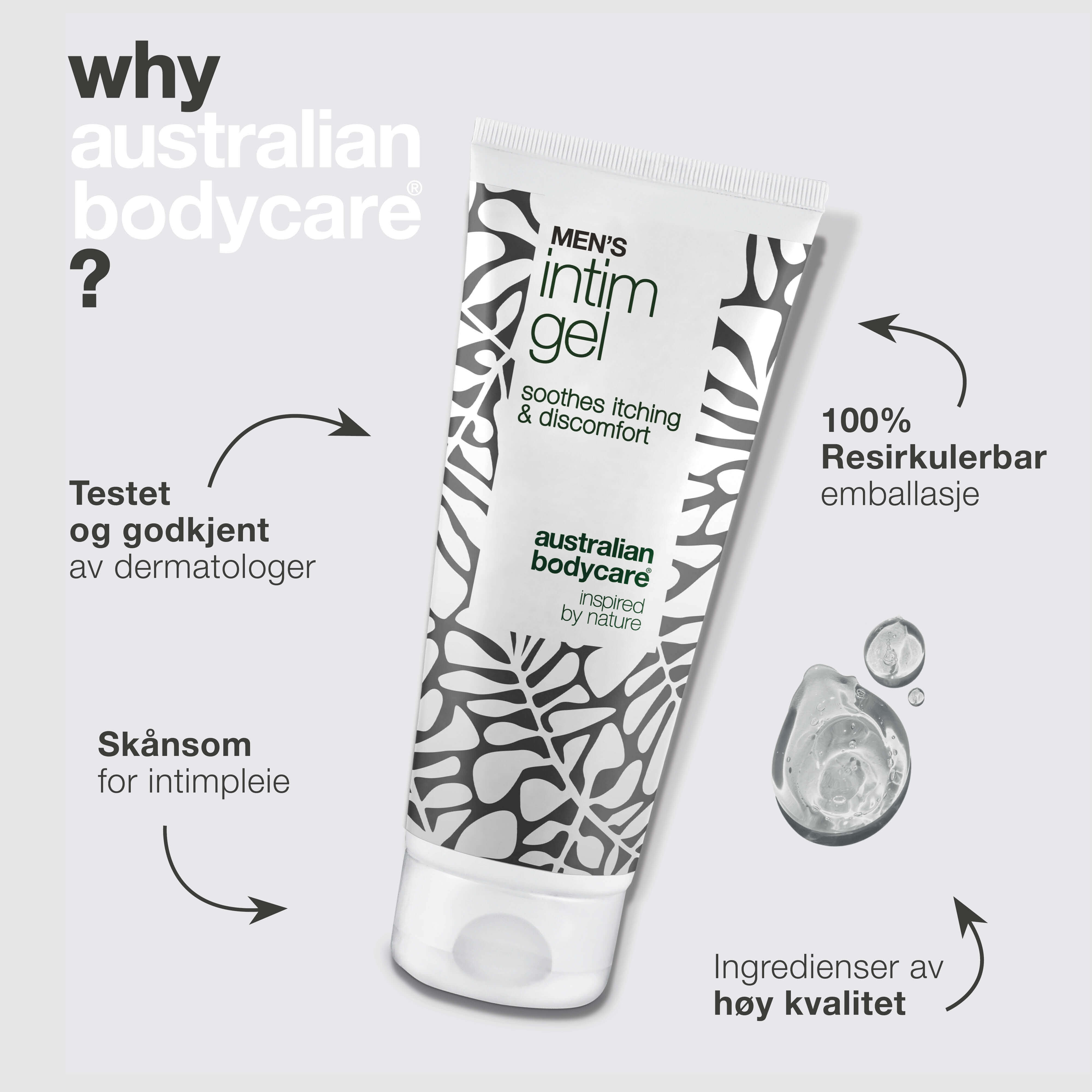 Intimgel for menn – Lindrer kløe og irritasjon — Si farvel til kløe med Intimgel for menn. Holder huden frisk og balansert med en ikke-klebrig, raskt absorberende formel.