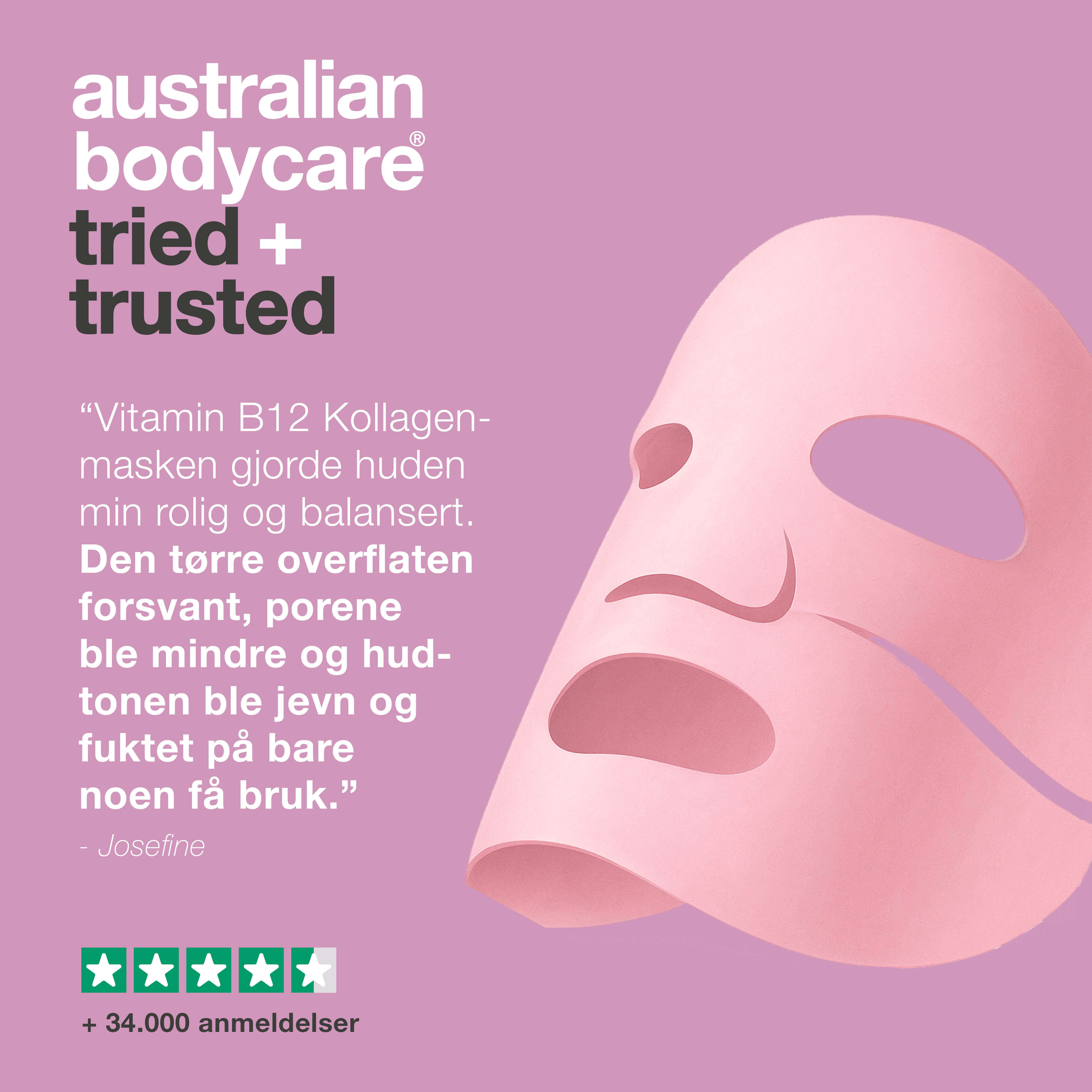 Vitamin B12 Kollagenmaske for tørr og livløs hud — Vitamin B12 Kollagenmaske for tørr og gusten hud. Med B12, niacinamid, peptider, kollagen og hyaluronsyre for glød og fukt.