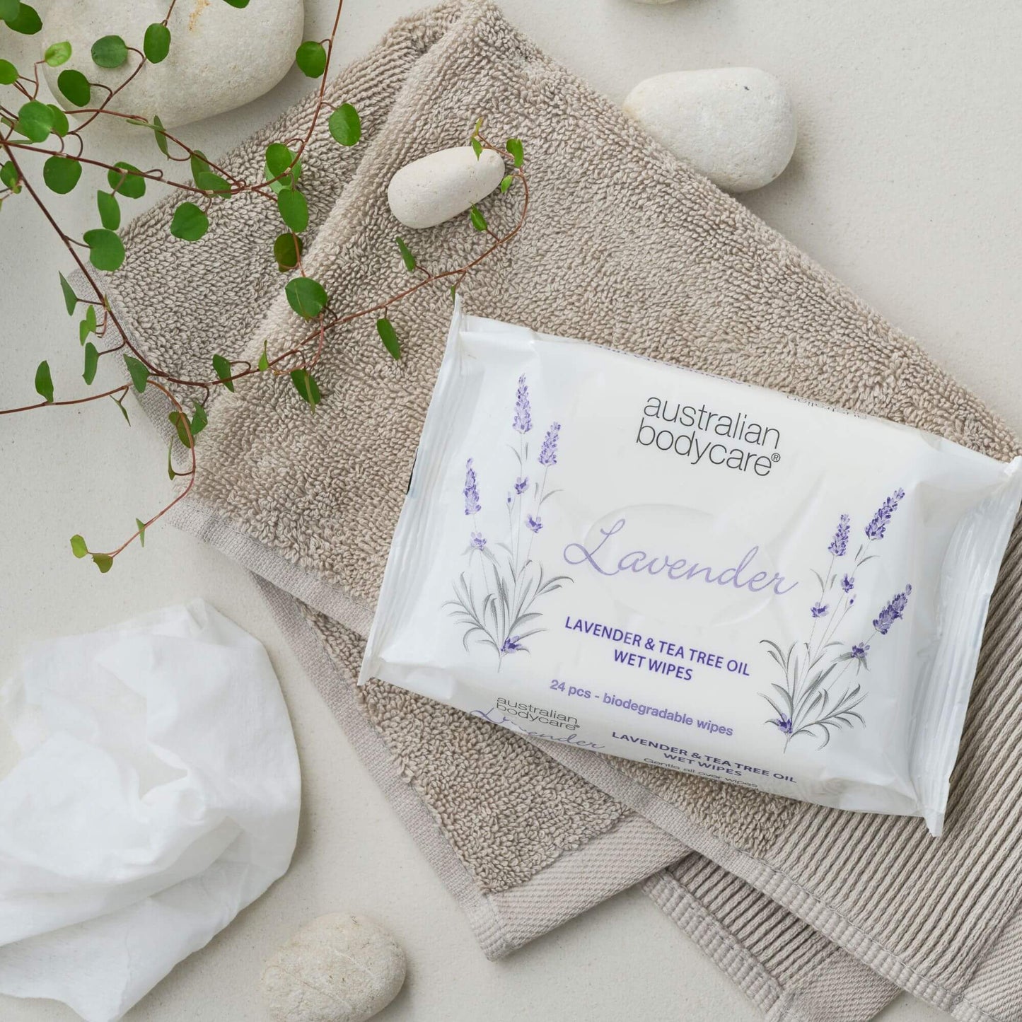 Våtservietter med Lavendel & Tea Tree Oil 24 stk. - Til rens og fuktpleie av ansikt og kropp