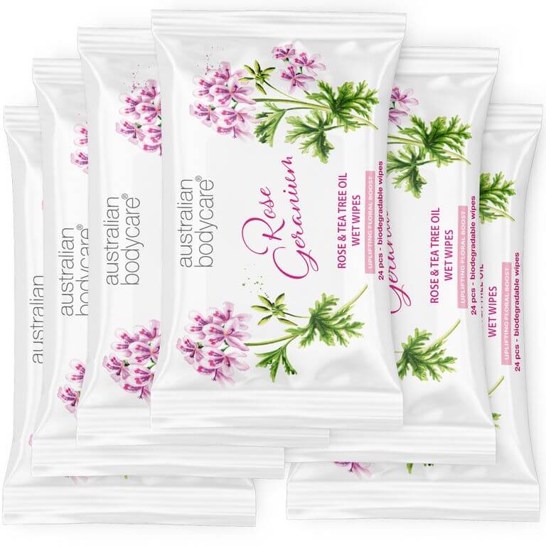 Våtservietter med Rose geranium & Tea Tree Oil 24 stk til kropp og ansikt - Fjerner bakterier, smuss og sminke.