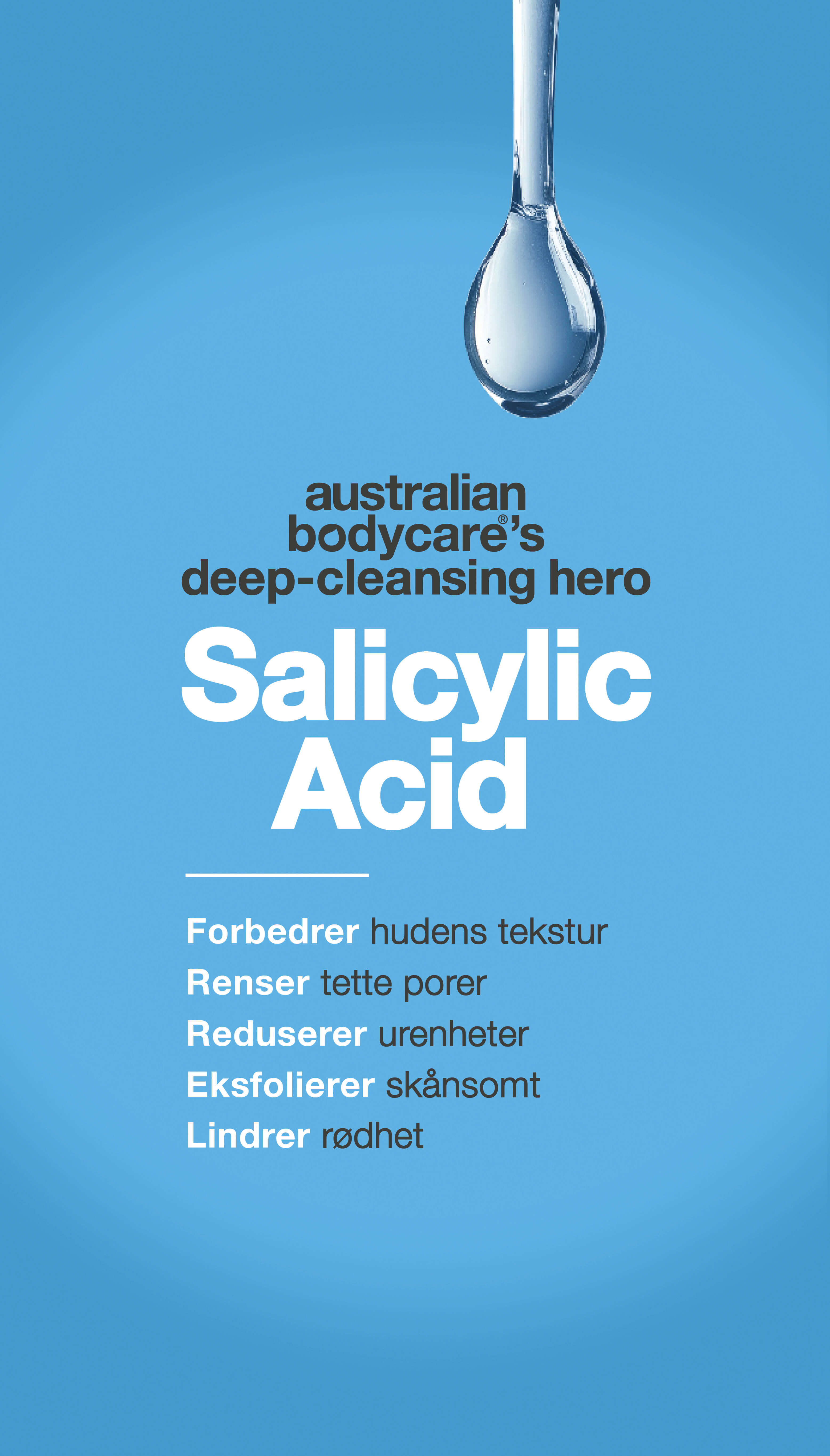 En reklamegrafikk for Australian Bodycare med en dråpe væske øverst og tekst på blå bakgrunn. Den fremhever salisylsyre som en 'dyprensende helt' som åpner porer, reduserer utbrudd, eksfolierer skånsomt, beroliger rødhet og forbedrer hudstrukturen.
