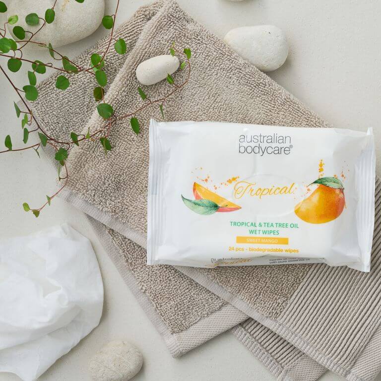 Våtservietter til voksne med Mango & Tea Tree Oil 24 stk. - Til daglig rens av kroppen.