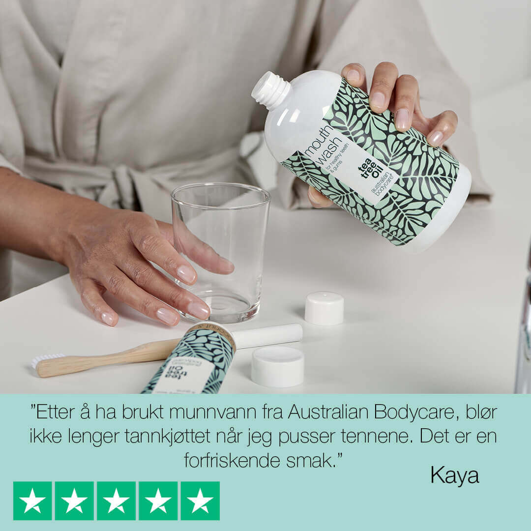Munnpleie 5 produkter med Tea Tree Olje - Til pleie ved tannkjøttbetennelse, sopp i munnen og på tungen
