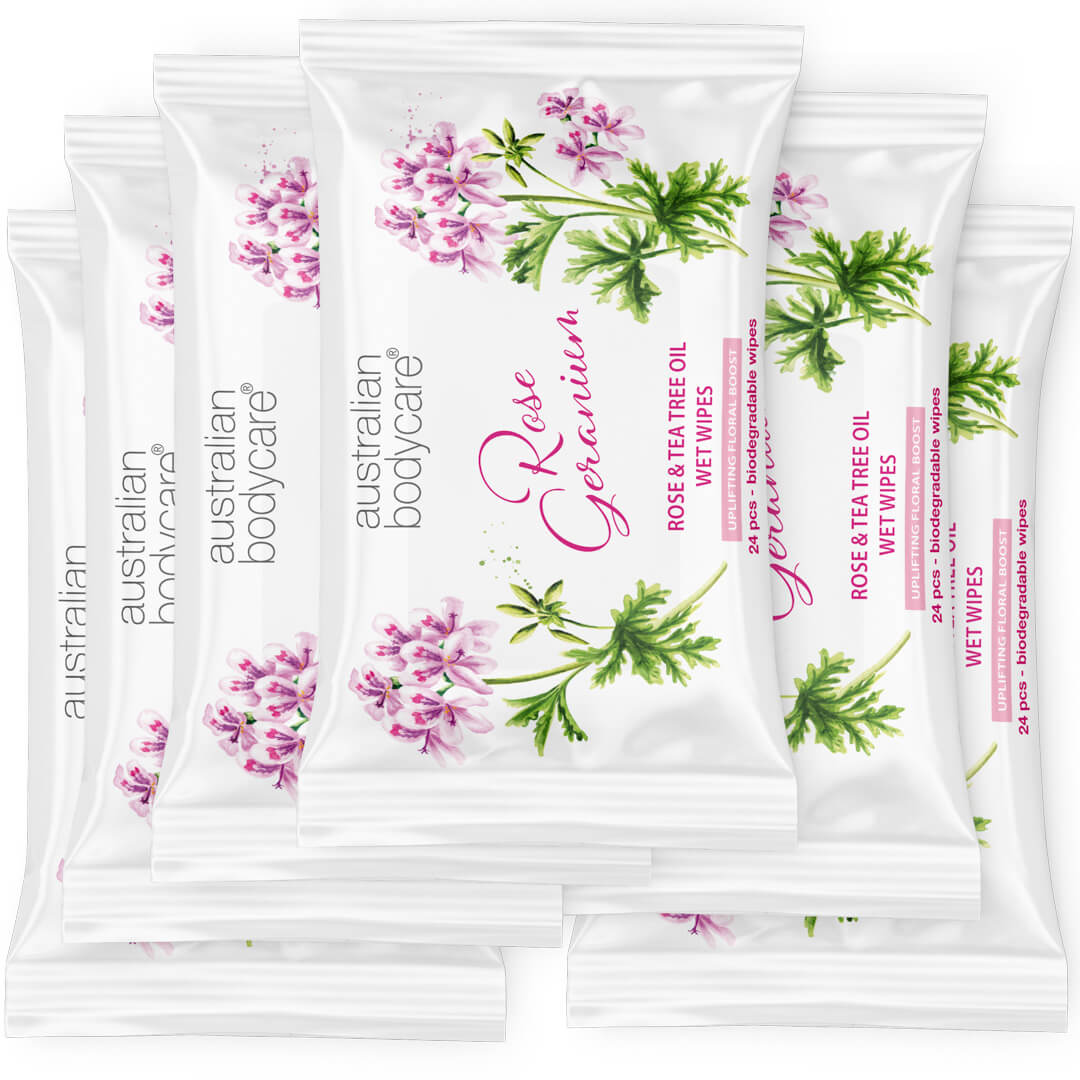 Våtservietter med Rose geranium & Tea Tree Oil 24 stk til kropp og ansikt - Fjerner bakterier, smuss og sminke.