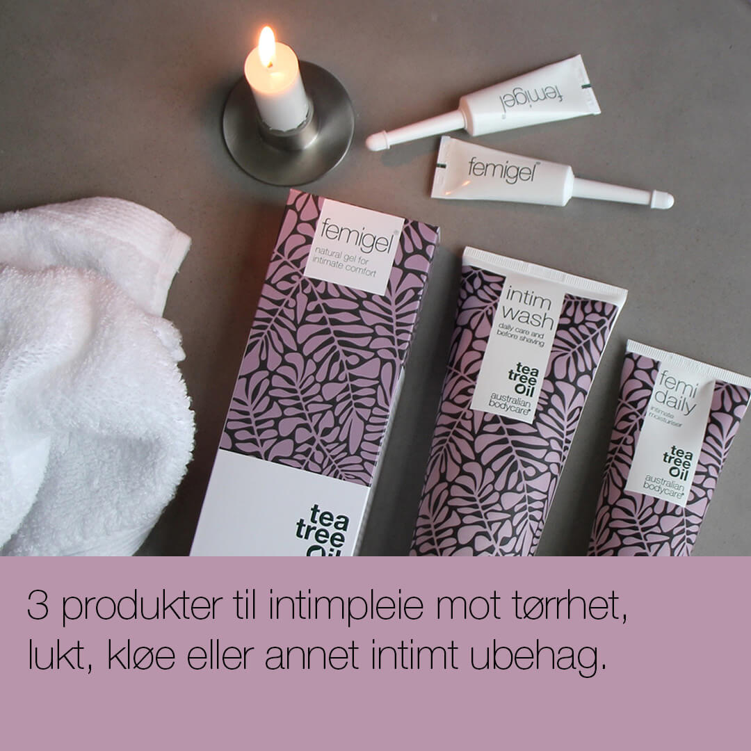Pakke til Intimpleie - 3 produkter til intimpleie mot tørrhet, lukt, kløe eller annet intimt ubehag