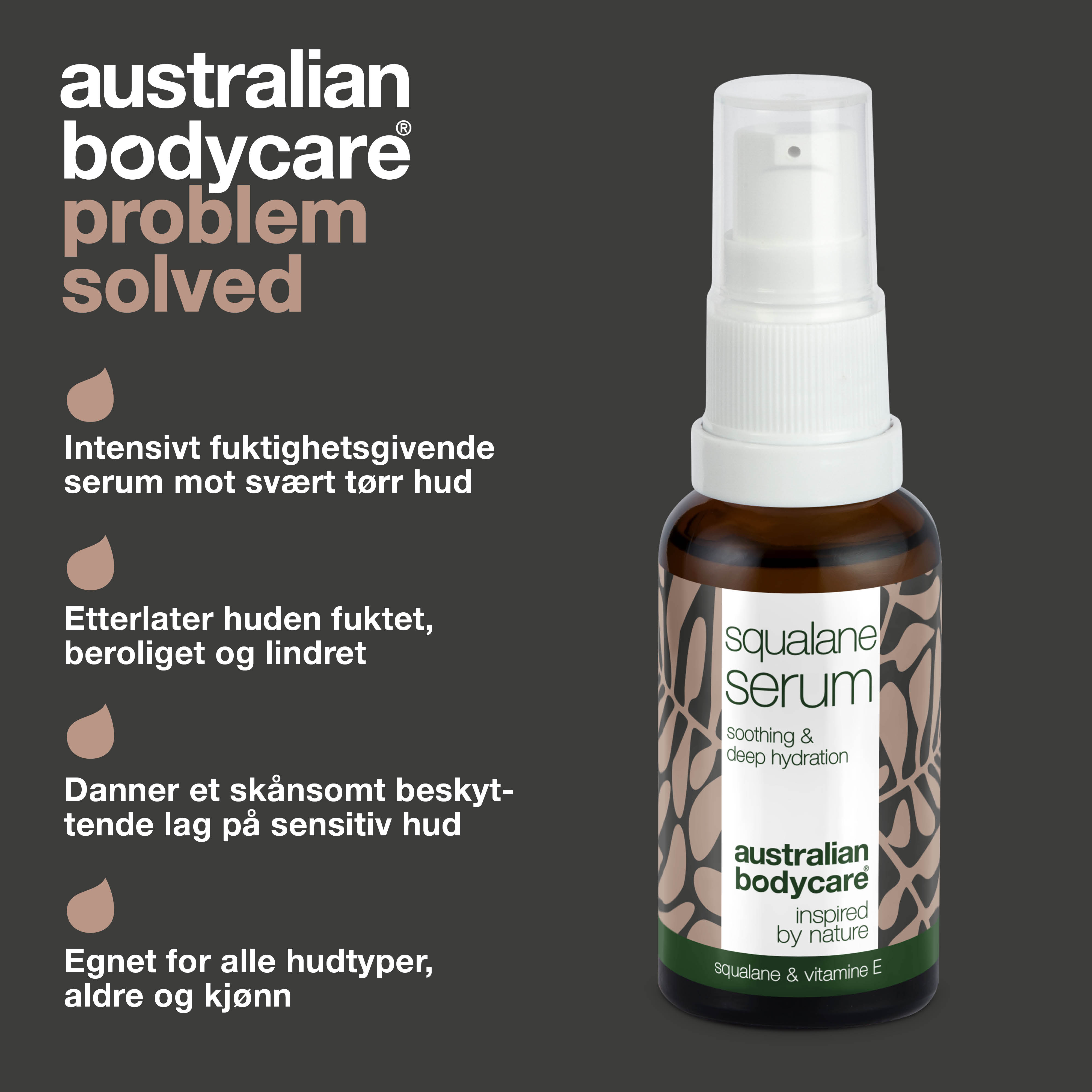 Fugtgivende ansigtsserum med Squalane & E-vitamin — Squalane & E-vitamin giver dyb hydrering til tør hud. Let, ikke-fedtet serum, der efterlader huden blød og smidig.
