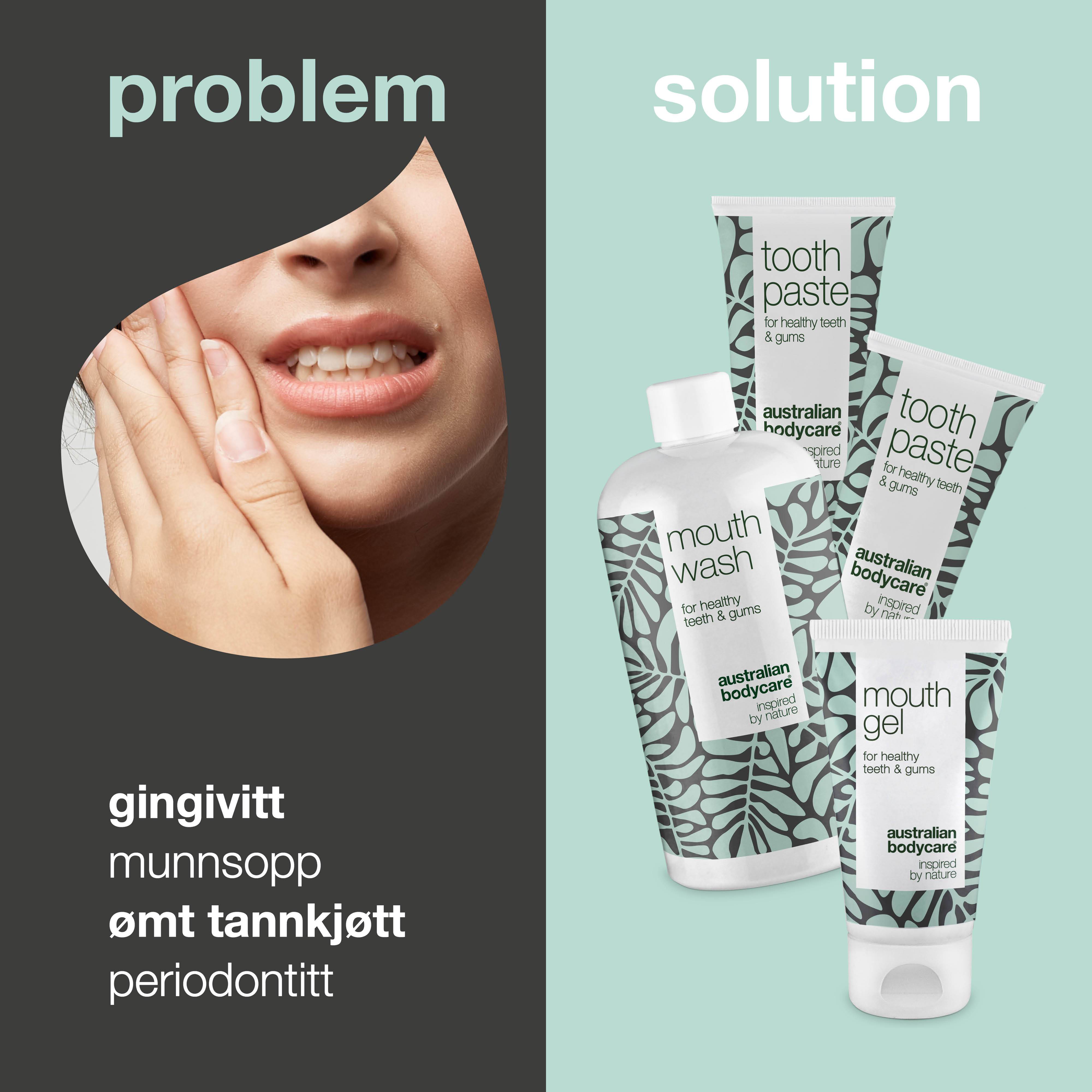 Mundpakken med 4 produkter med Tea Tree Oil — Til daglig pleje ved mundsvamp, paradentose og tandkødsbetændelse