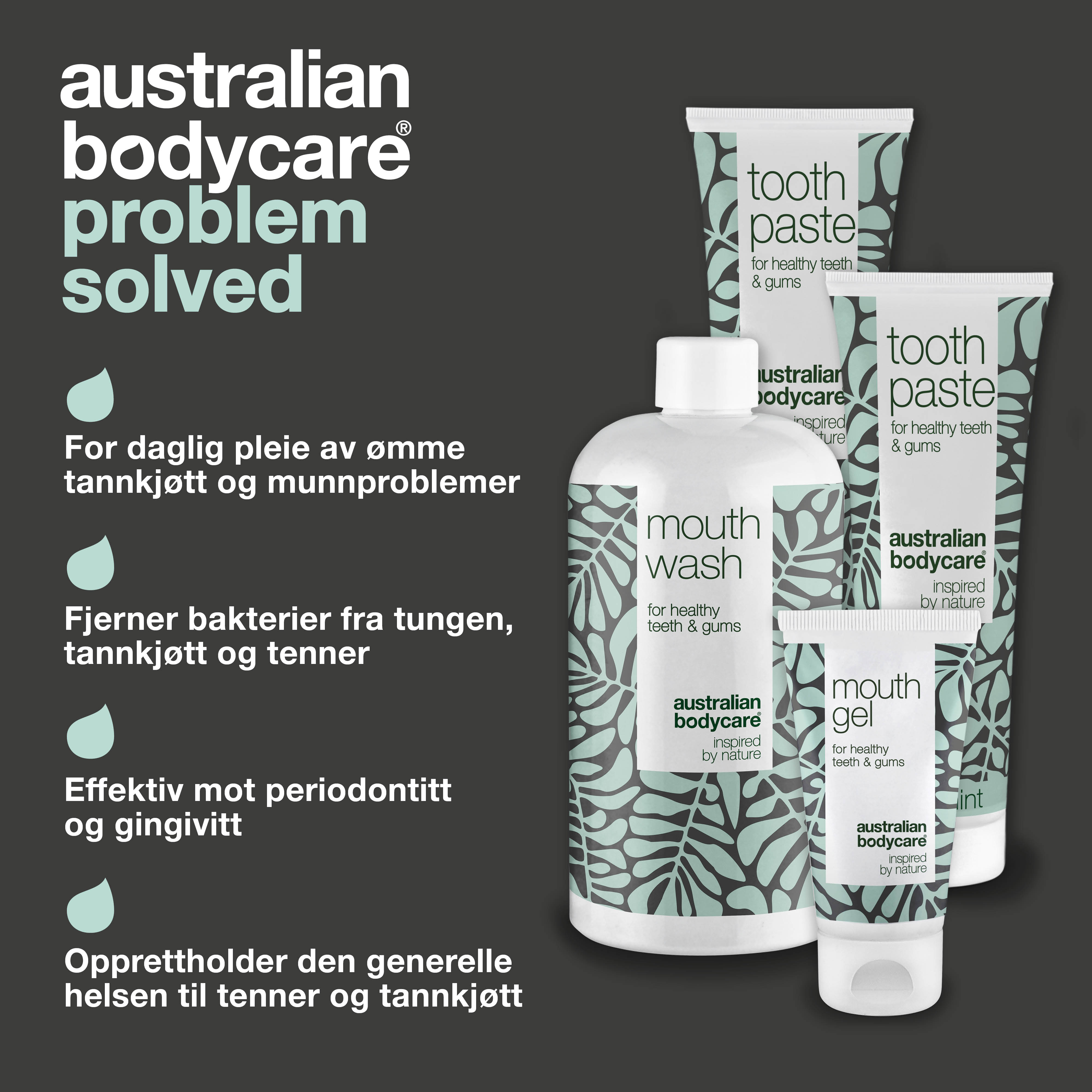 Mundpakken med 4 produkter med Tea Tree Oil — Til daglig pleje ved mundsvamp, paradentose og tandkødsbetændelse