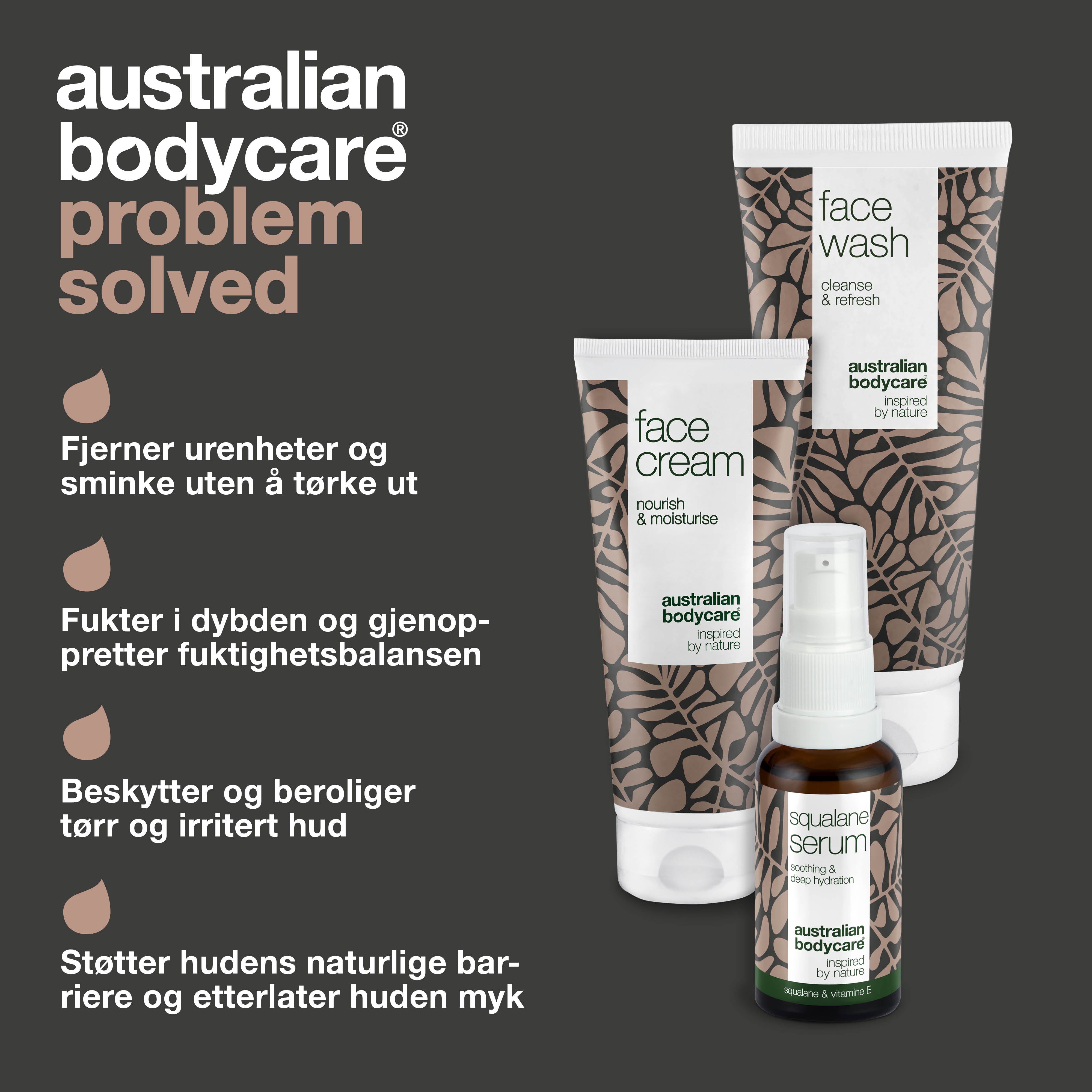 Sæt til kløende og meget tør hud i ansigtet — 3 fugtgivende produkter: ansigtsrens, Squalane Serum og creme