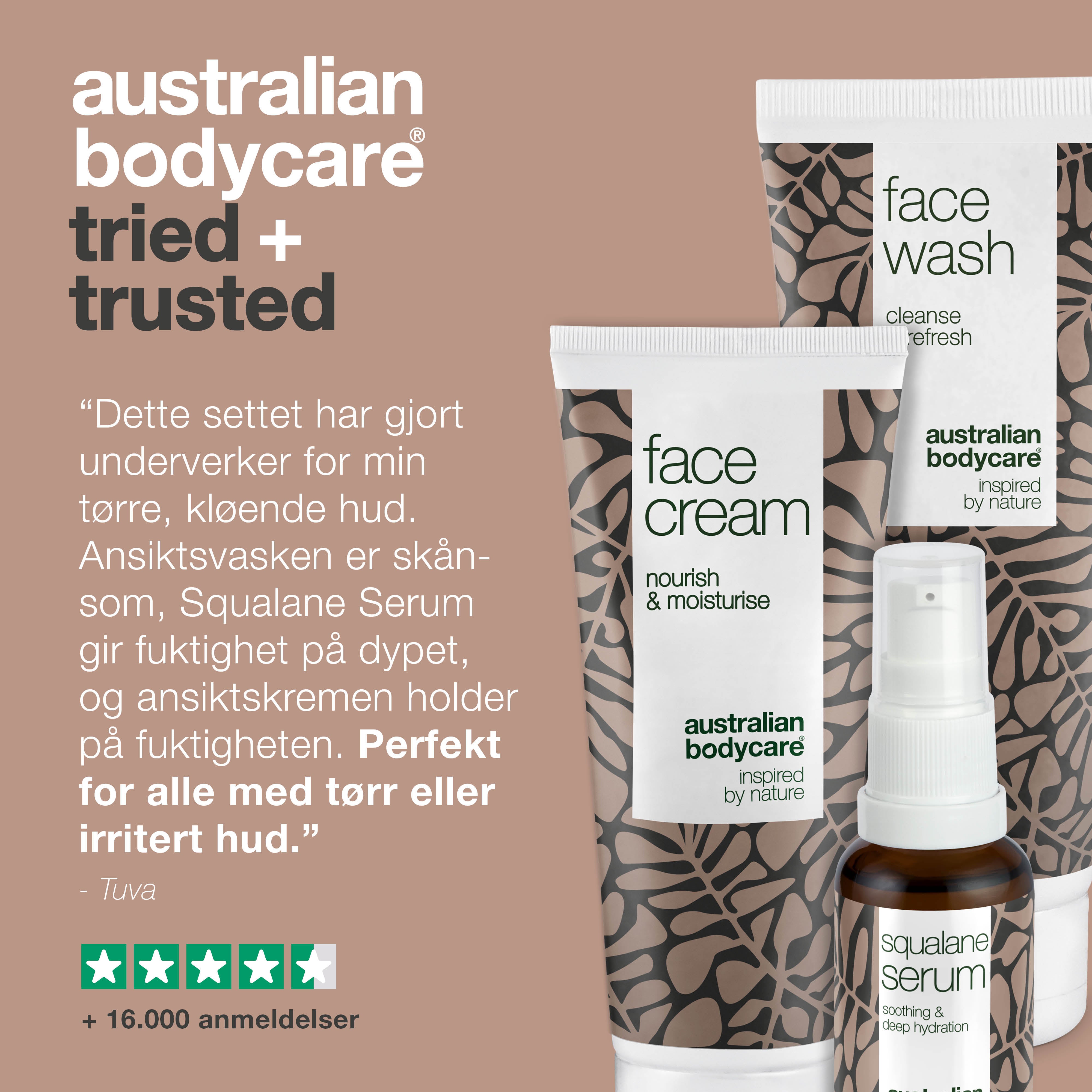 Sæt til kløende og meget tør hud i ansigtet — 3 fugtgivende produkter: ansigtsrens, Squalane Serum og creme