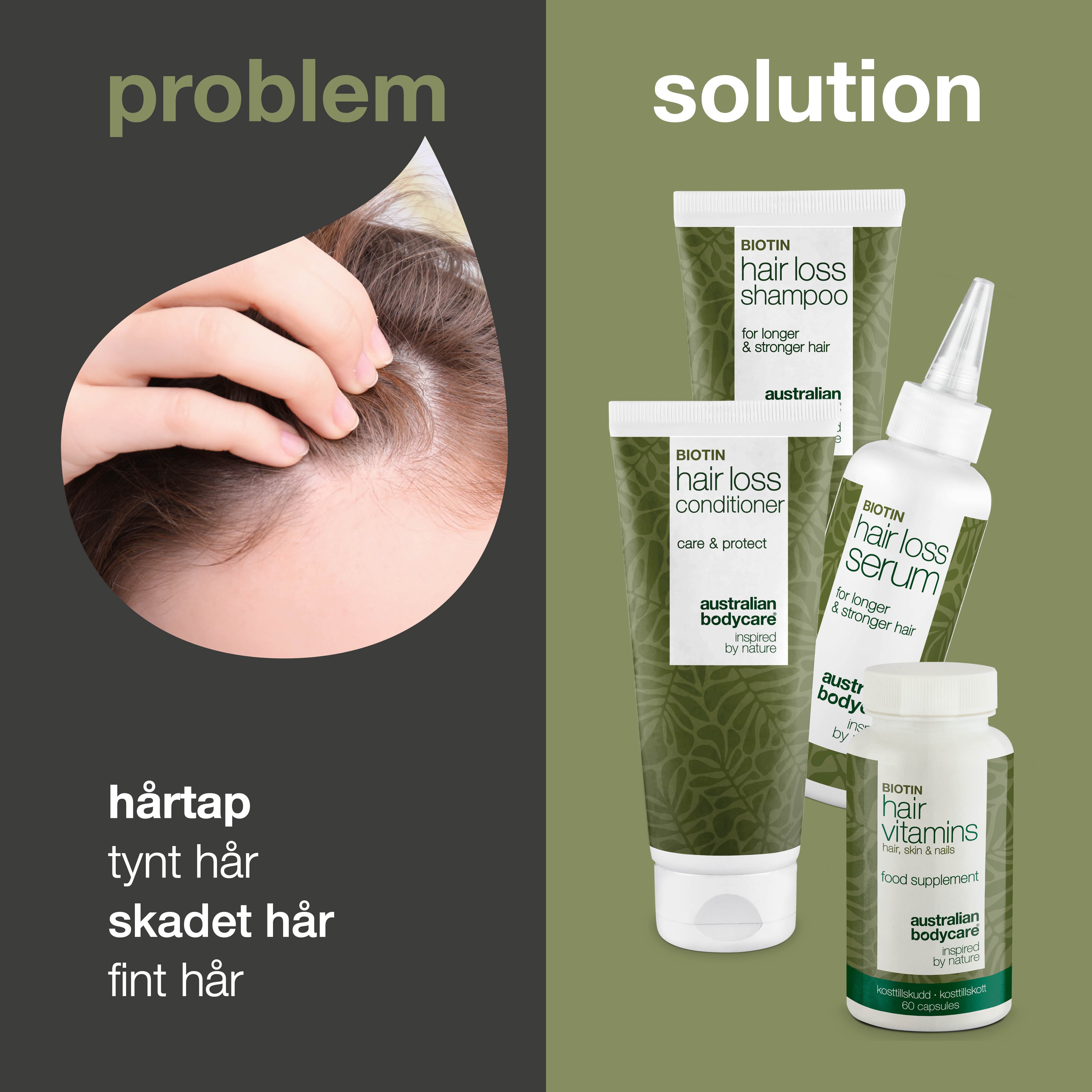 4 produkter og vitaminer for hårtap og tynt hår — Hårtapsprodukter med Biotin, Tea Tree Oil og Capilia Longa