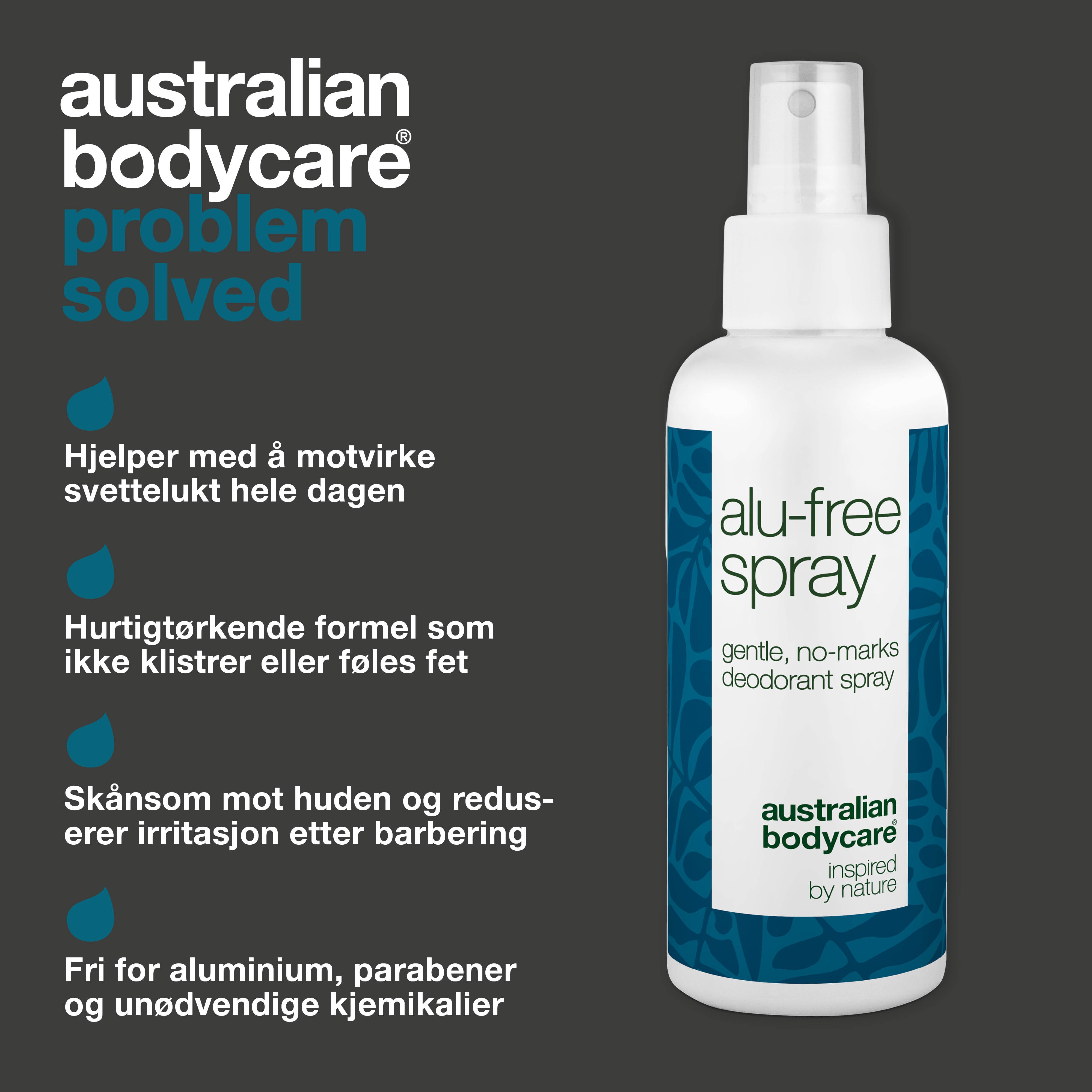 Deodorantspray uden aluminium – Naturlig friskhed — Effektiv aluminiumsfri deodorant med naturlige ingredienser. Modvirker svedlugt og giver langvarig friskhed. Hurtigtørrende og skånsom.