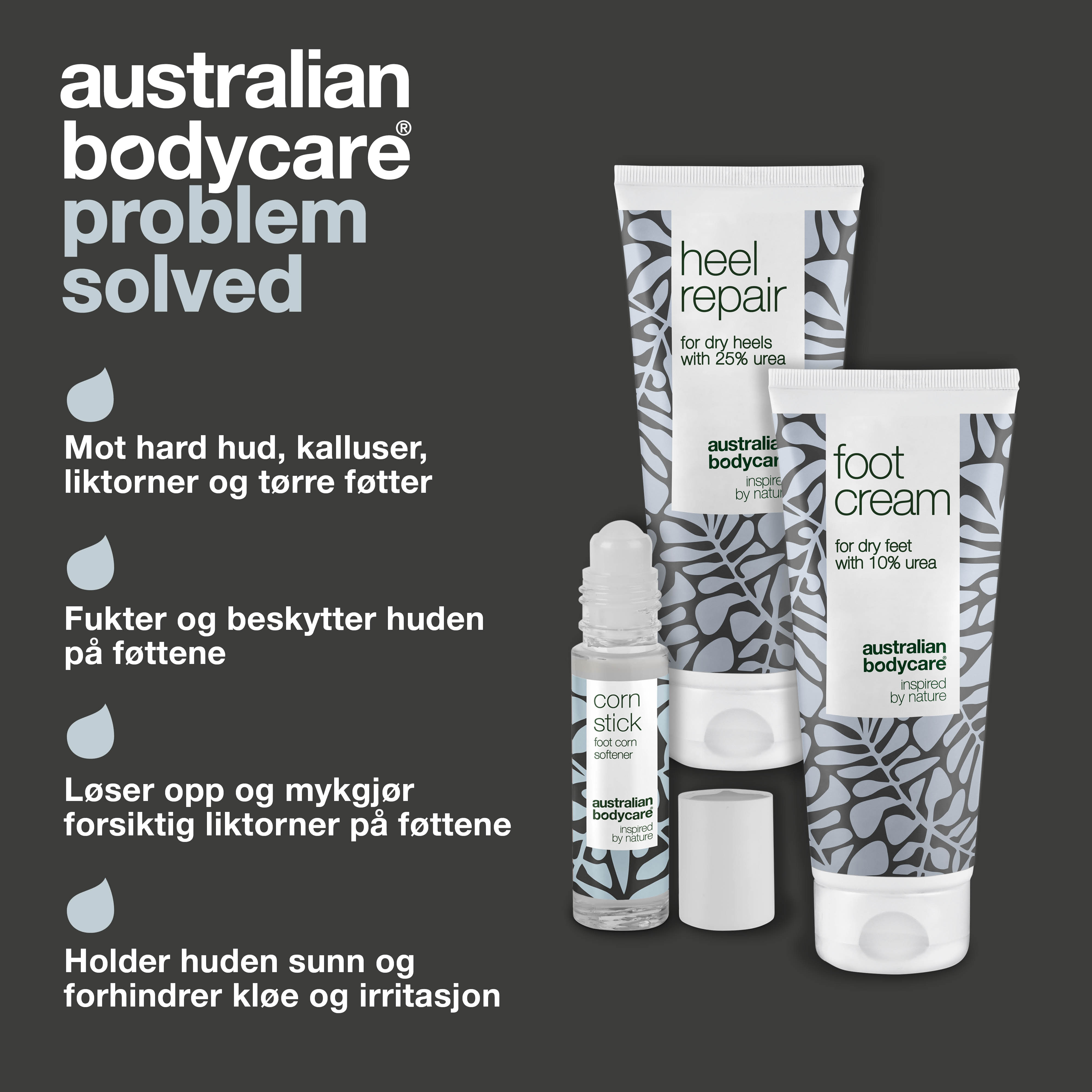 3 pak til pleje af ligtorne og hård hud — Fodcreme, hælcreme og ligtorneolie til tørre fødder