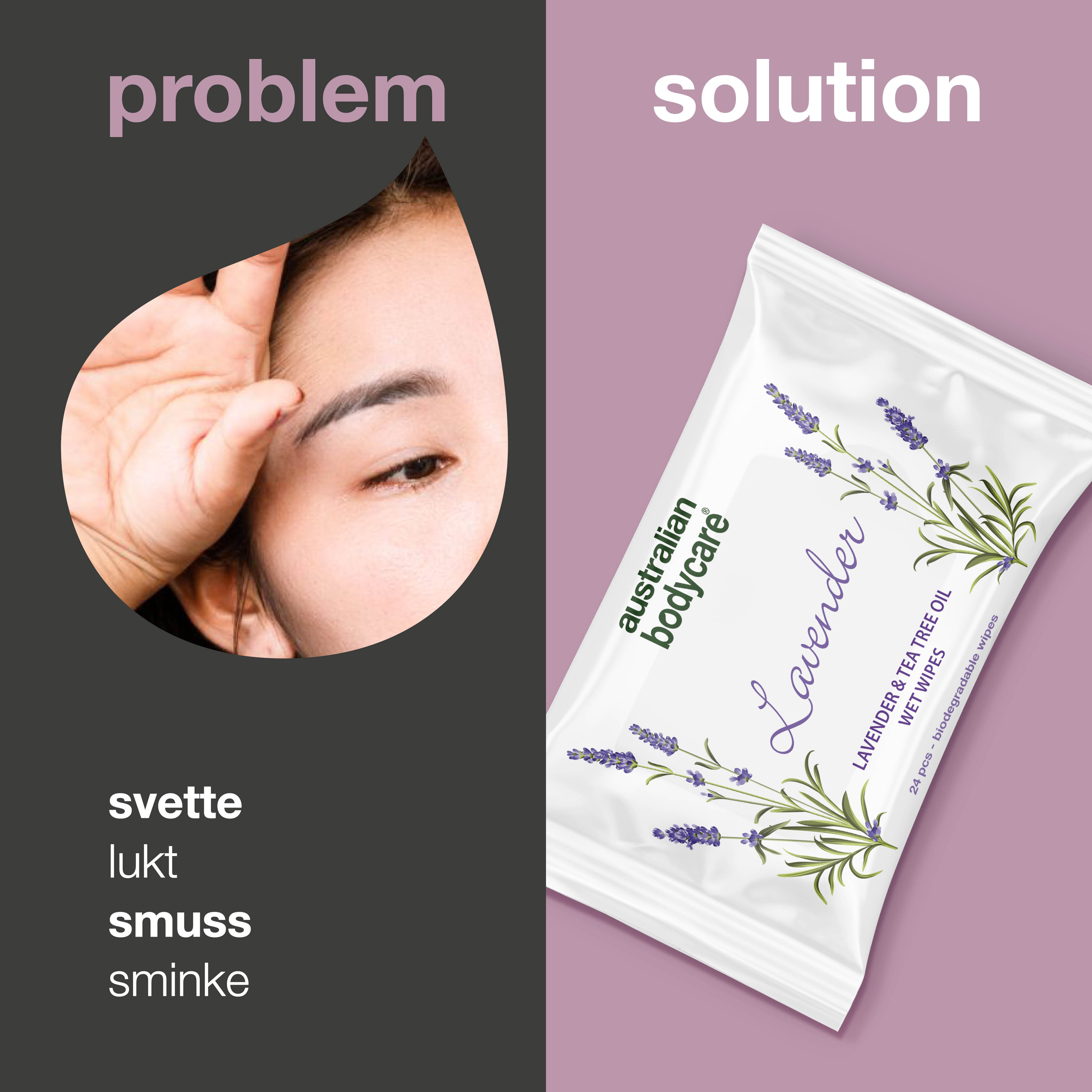 Vådservietter med Lavendel & Tea Tree Oil 24 stk. — Til rens og fugtpleje af ansigt og krop