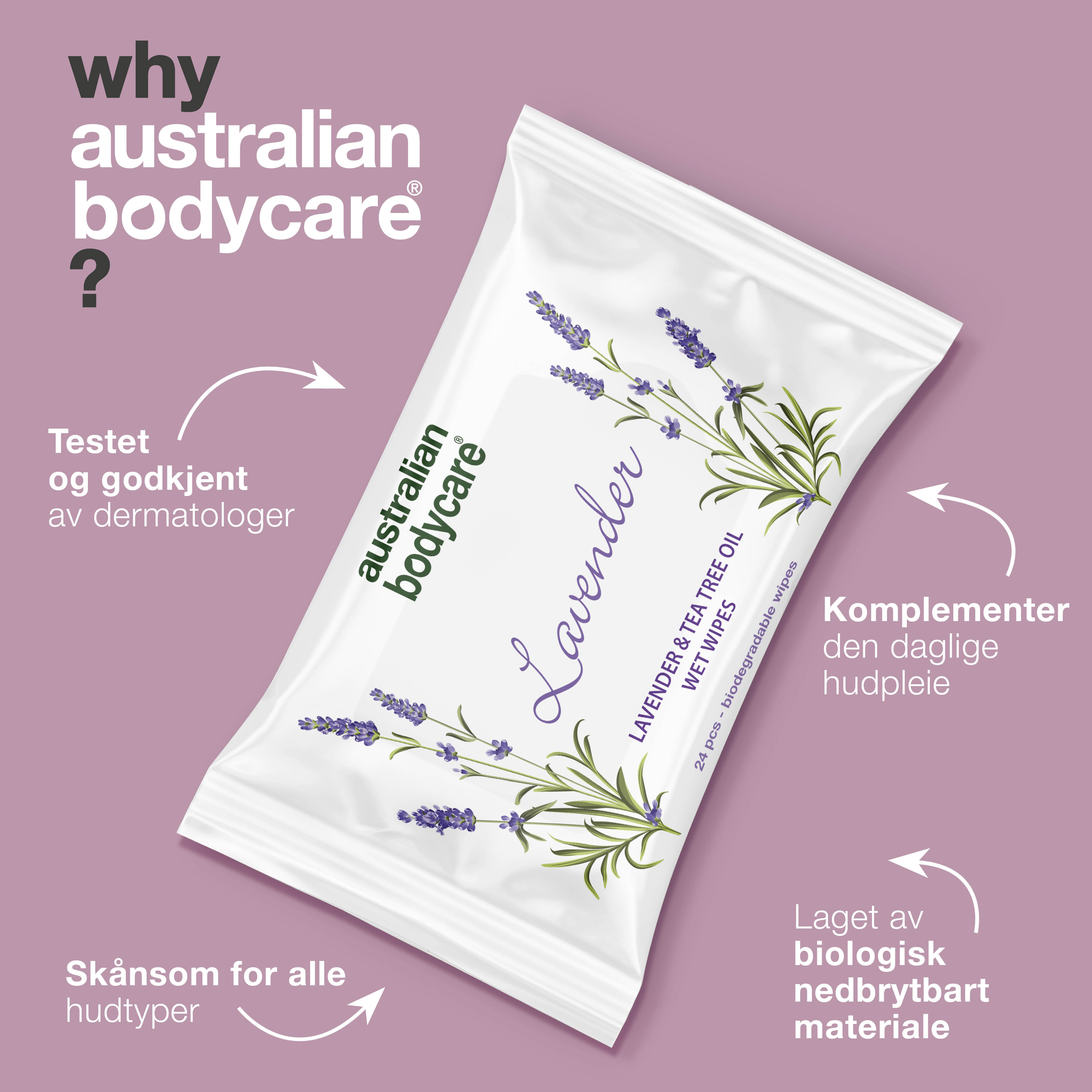 Vådservietter med Lavendel & Tea Tree Oil 24 stk. — Til rens og fugtpleje af ansigt og krop
