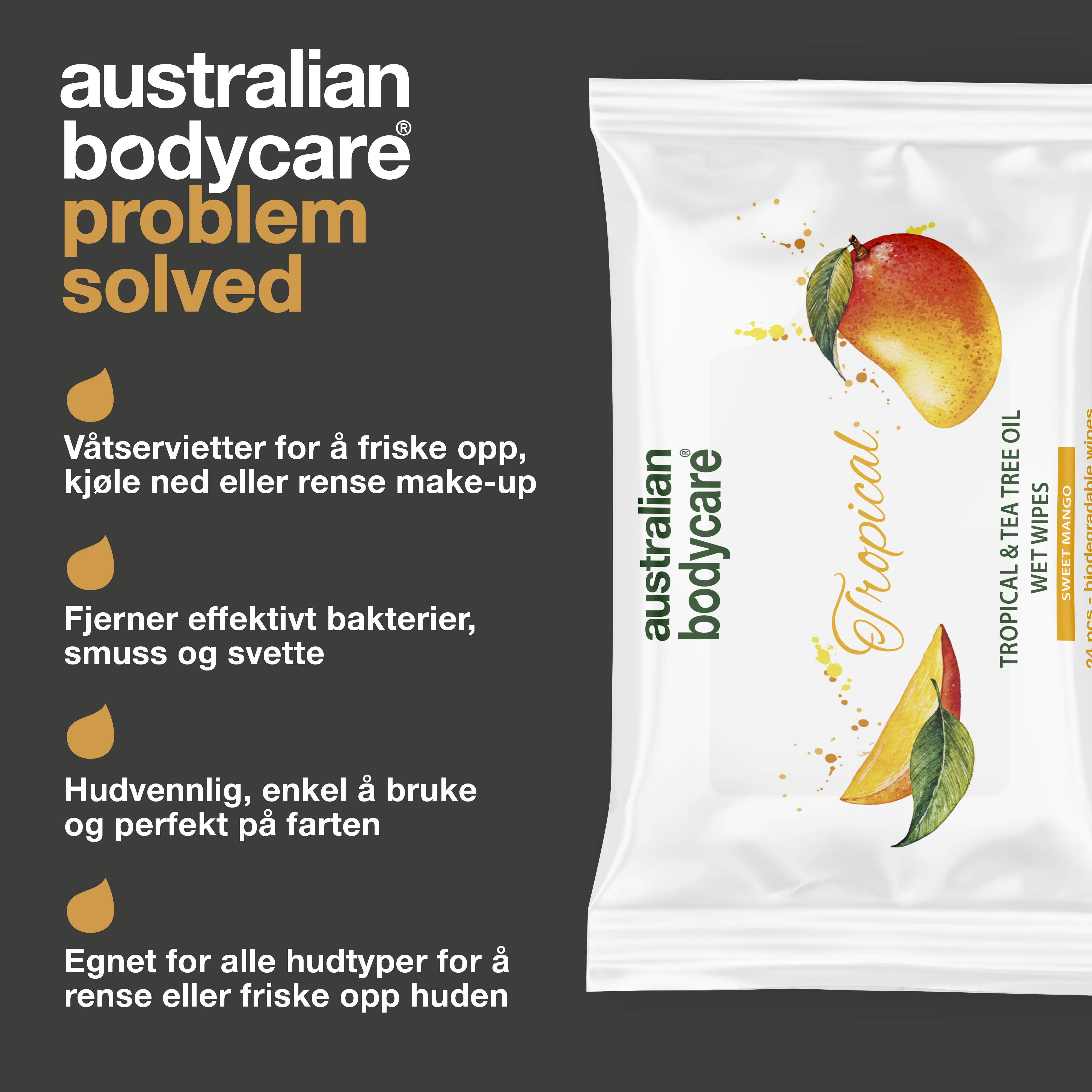 Tropical Vådservietter med Mango & Tea Tree Oil 24 stk. — Til daglig rens af krop og ansigt