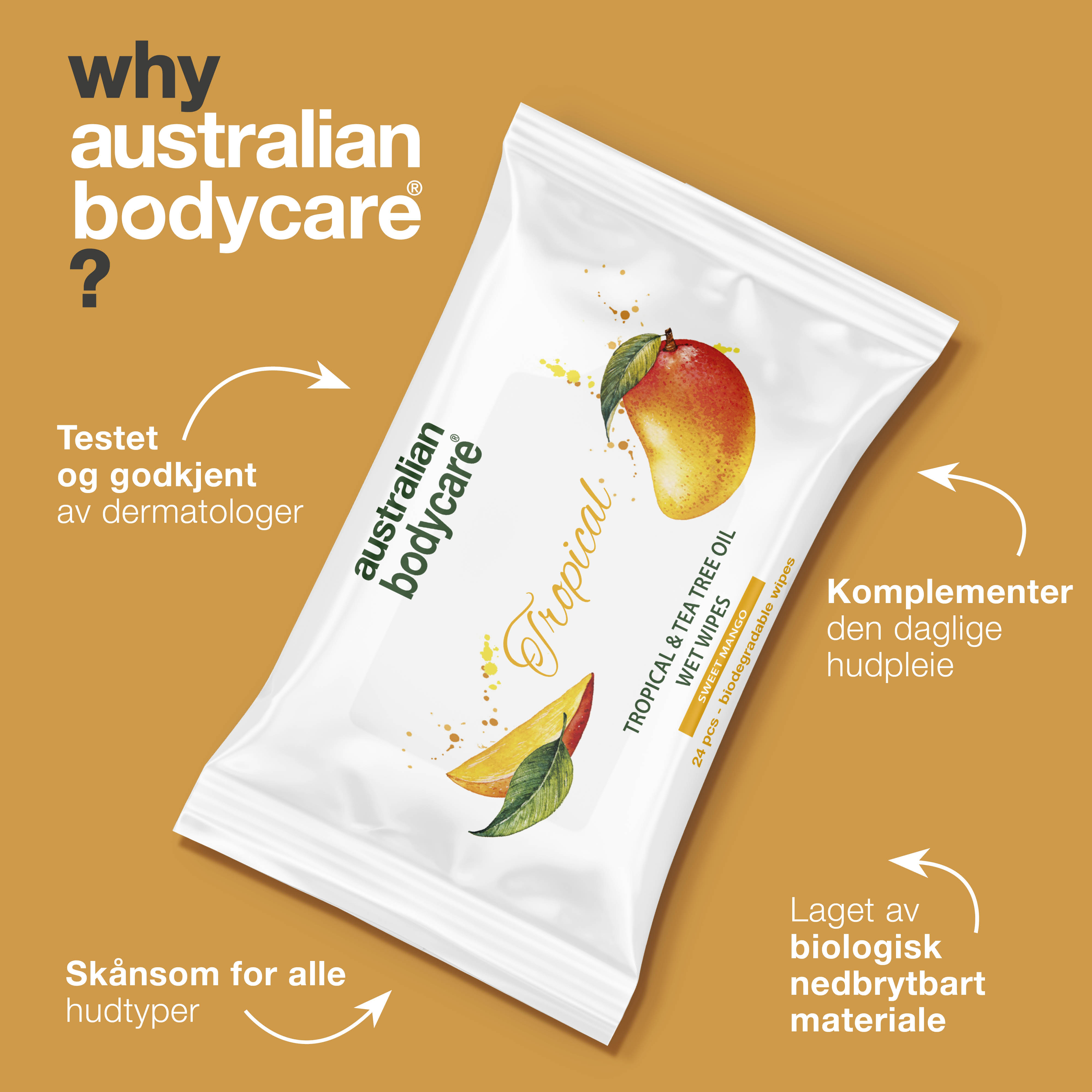 Tropical Vådservietter med Mango & Tea Tree Oil 24 stk. — Til daglig rens af krop og ansigt
