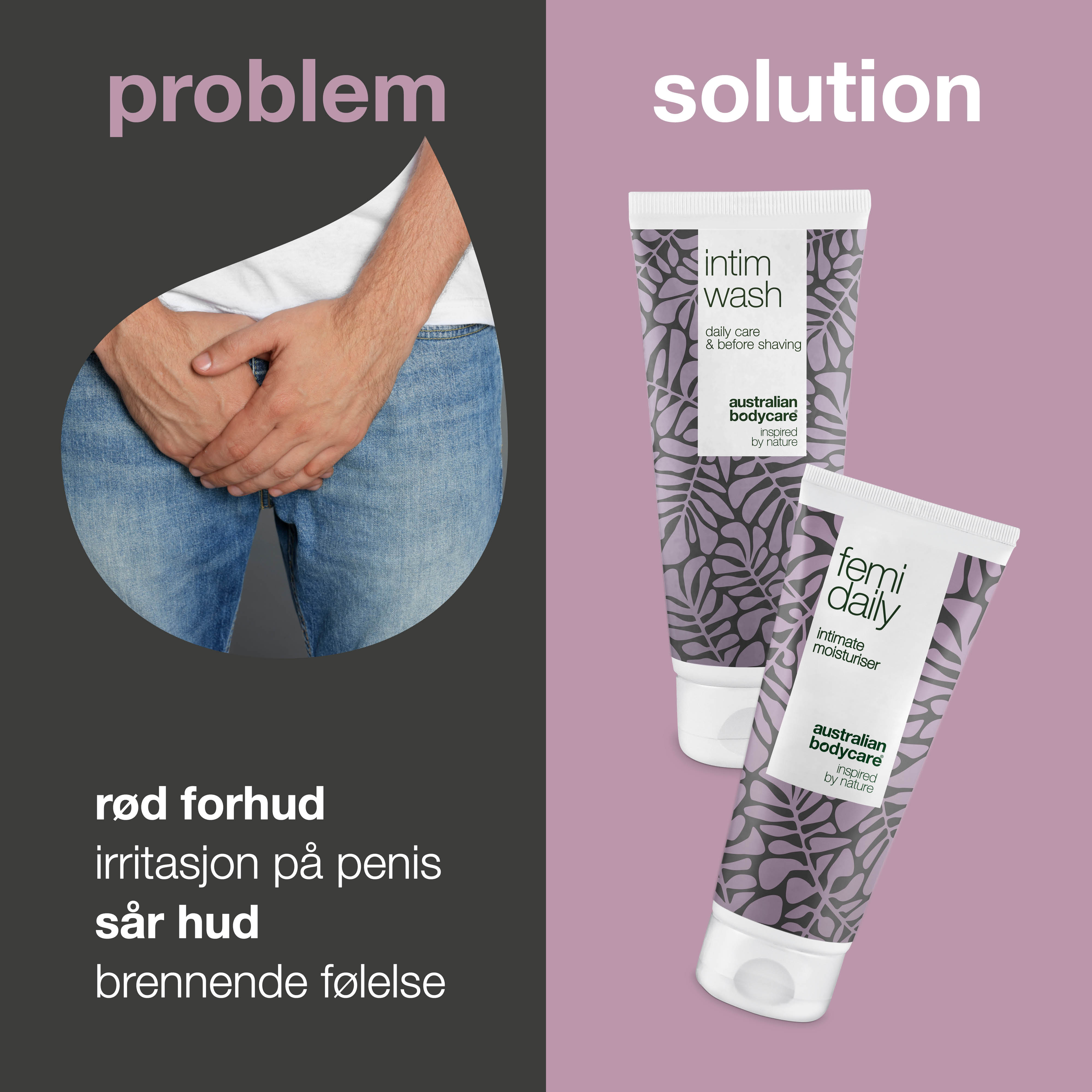 Pakke mod rød forhud - Skånsom intimvask og pleje — Lindr rød og irriteret forhud med vores pakke. Men's Intimate Wash og Femi Daily sikrer effektiv pleje og hygiejne.