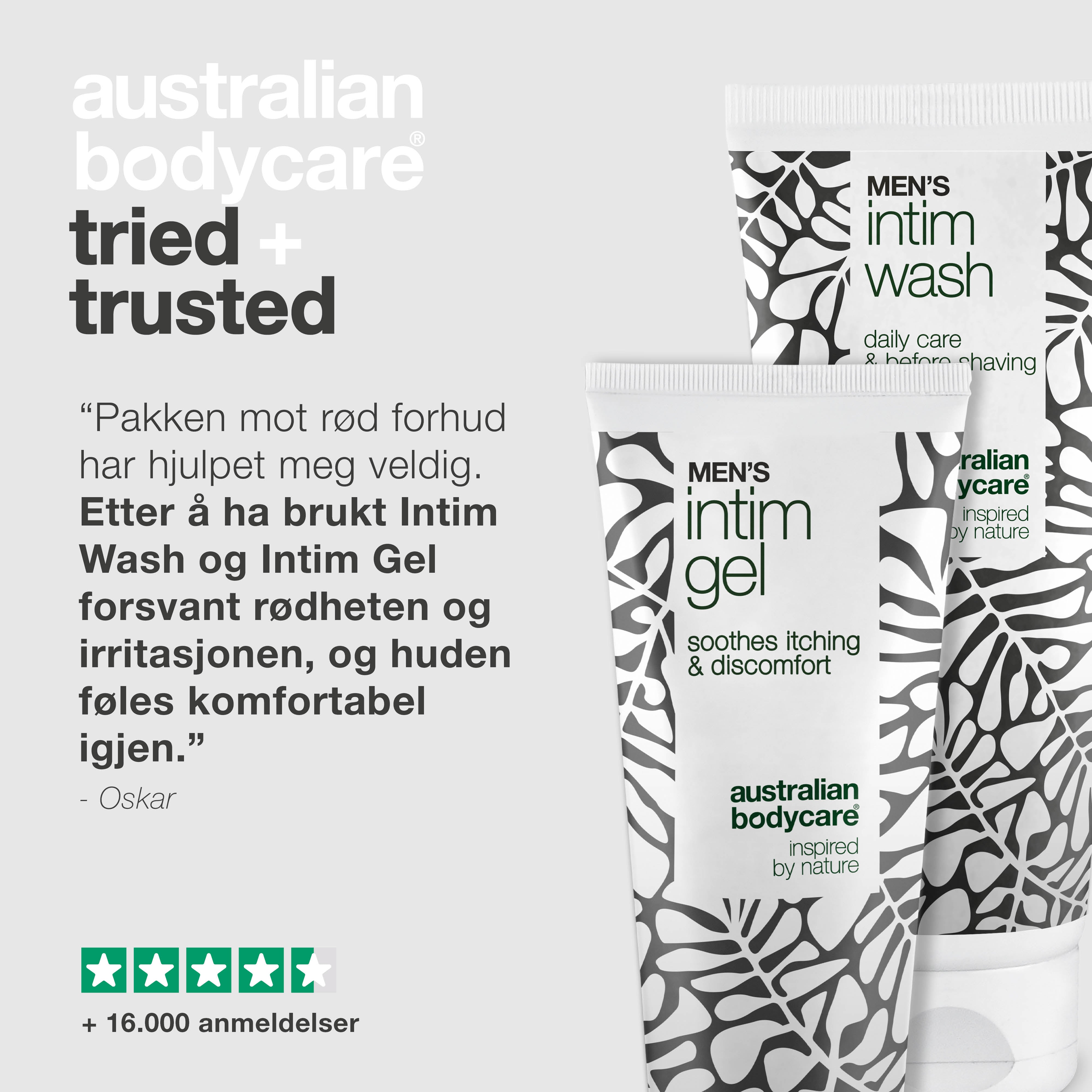 Pakken for rød forhud - Mild intimvask og beroligende gel — Lindr rød og irritert forhud med Men's Intimate Wash og Intim Gel. Skånsom pleie for intim hygiene.
