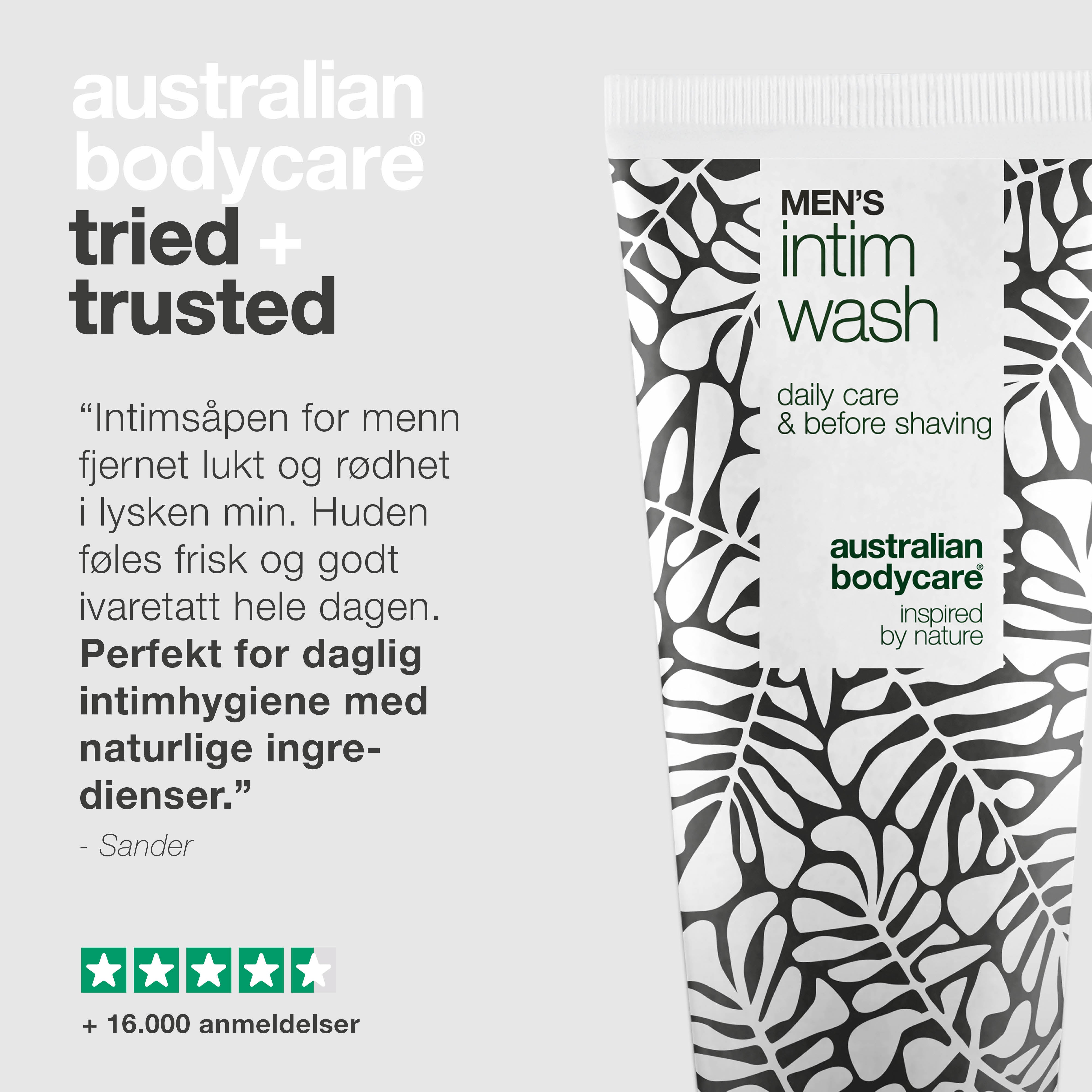 Intimvask for menn – Skånsom daglig pleie — Intimvask for menn. Effektiv mot ubehag og irritasjon. Naturlige ingredienser for ren, frisk og velpleid hud hver dag.