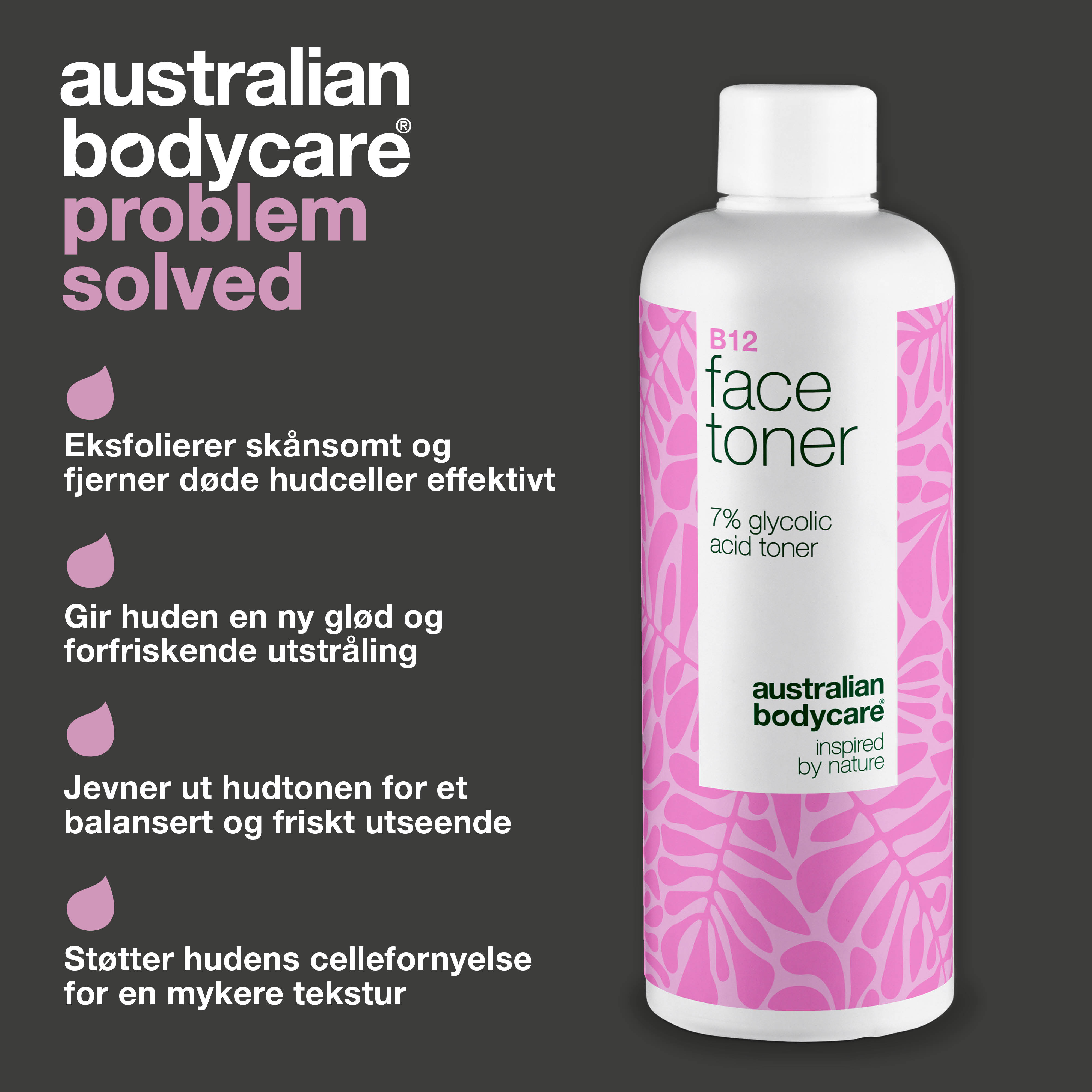 Ansigtstoner med B12 og 7% Glycolic Acid for jævn hudtone — Eksfolierende toner med B12 og 7% Glycolic Acid – fjerner døde hudceller, giver ny glød og fremmer en jævn hudtone.