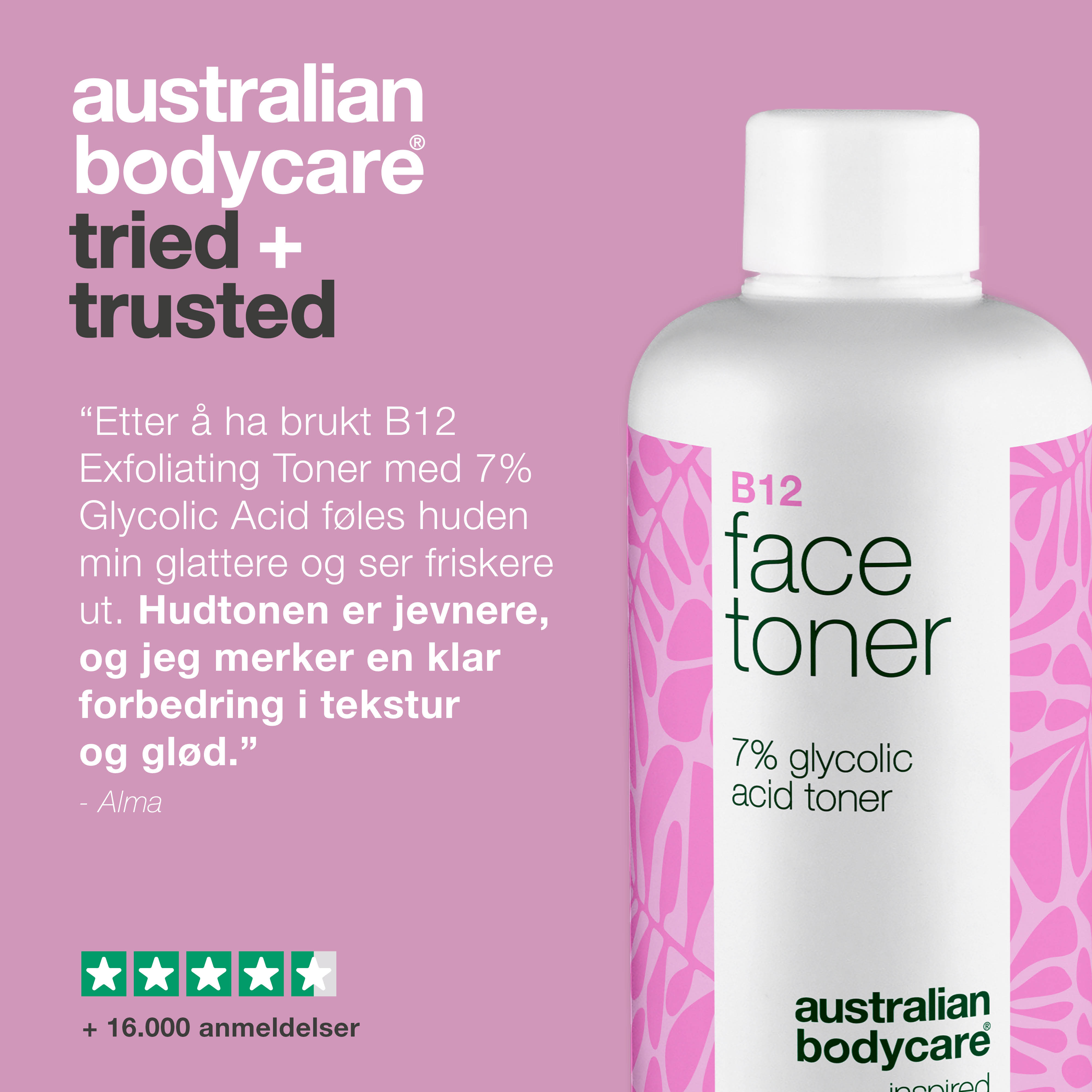 Ansigtstoner med B12 og 7% Glycolic Acid for jævn hudtone — Eksfolierende toner med B12 og 7% Glycolic Acid – fjerner døde hudceller, giver ny glød og fremmer en jævn hudtone.