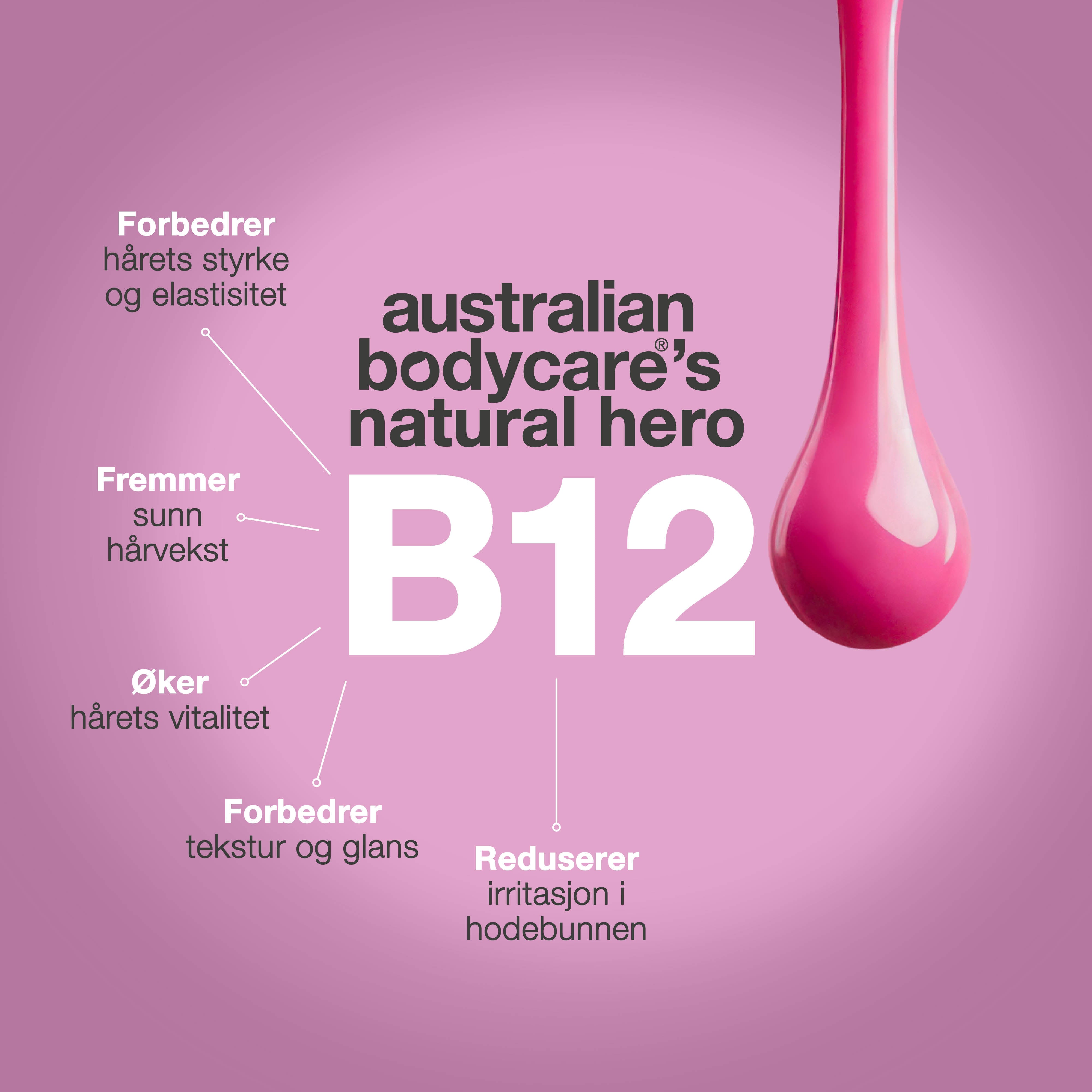 B12-vitamin fra Australian Bodycare forbedrer hårets styrke og elastisitet, fremmer sunn hårvekst og gir glans