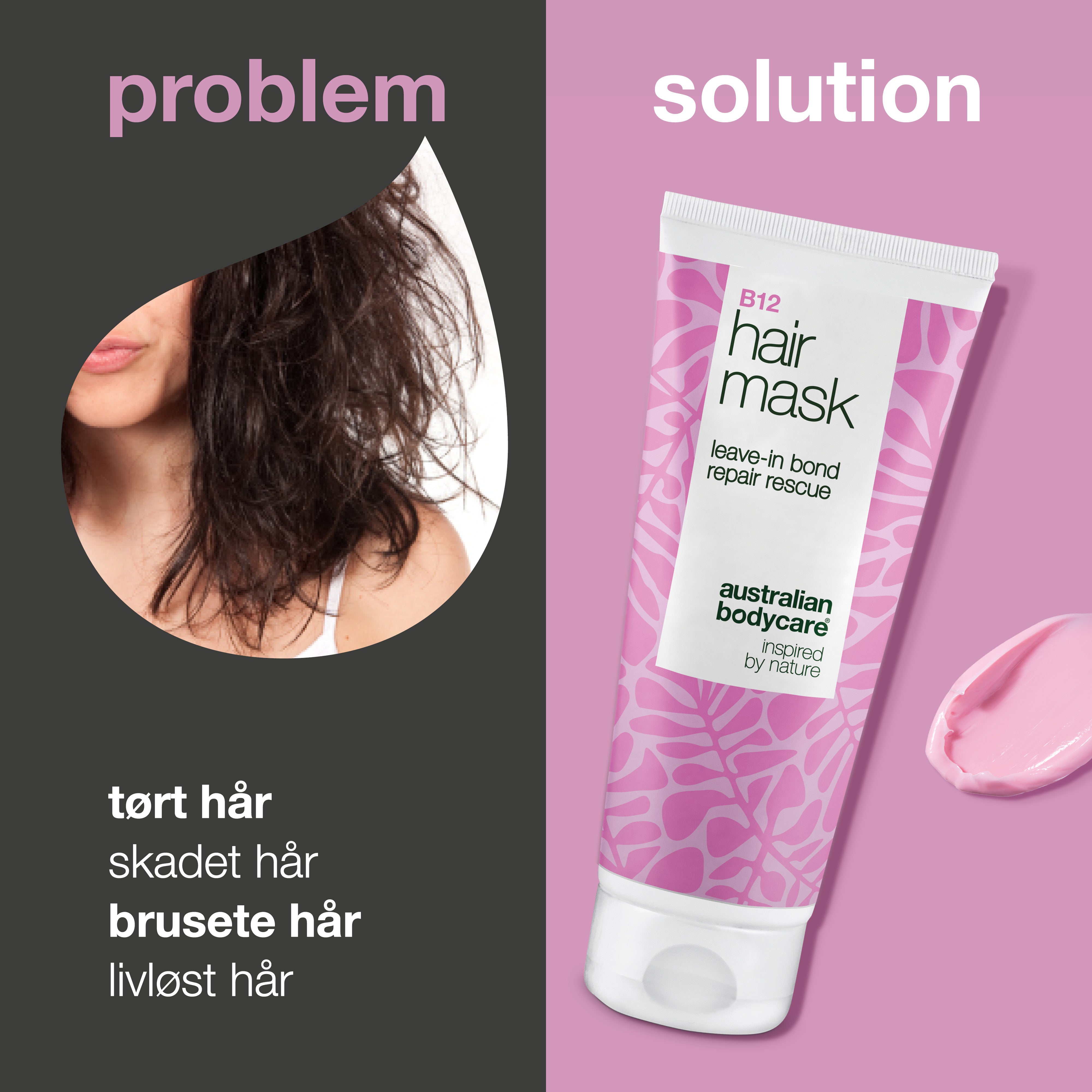 Problem og løsning: tørt, skadet, krøllete og matt hår mot B12 Hårmaske fra Australian Bodycare