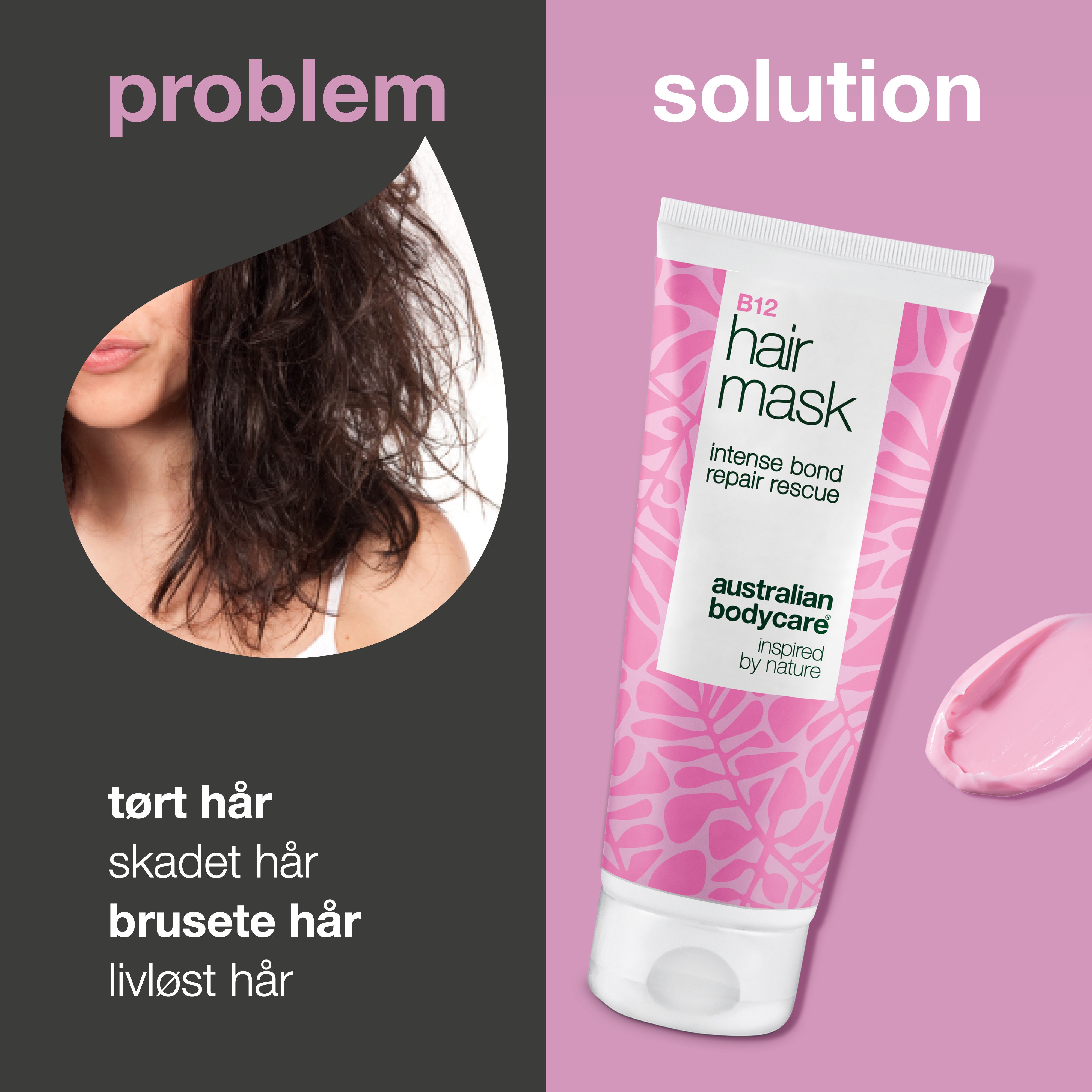 Problem og løsning: tørt, skadet, krøllete og matt hår mot B12 Hårmaske fra Australian Bodycare