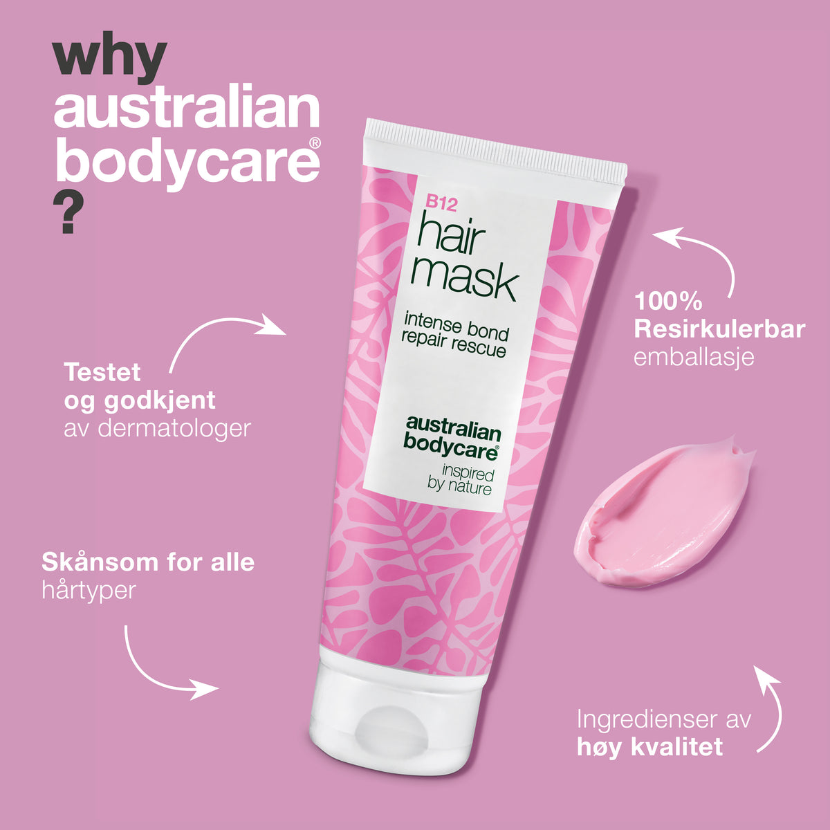 B12 Hårmaske er dermatologisk testet, skånsom for alle hårtyper og har 100 % gjenvinnbar emballasje