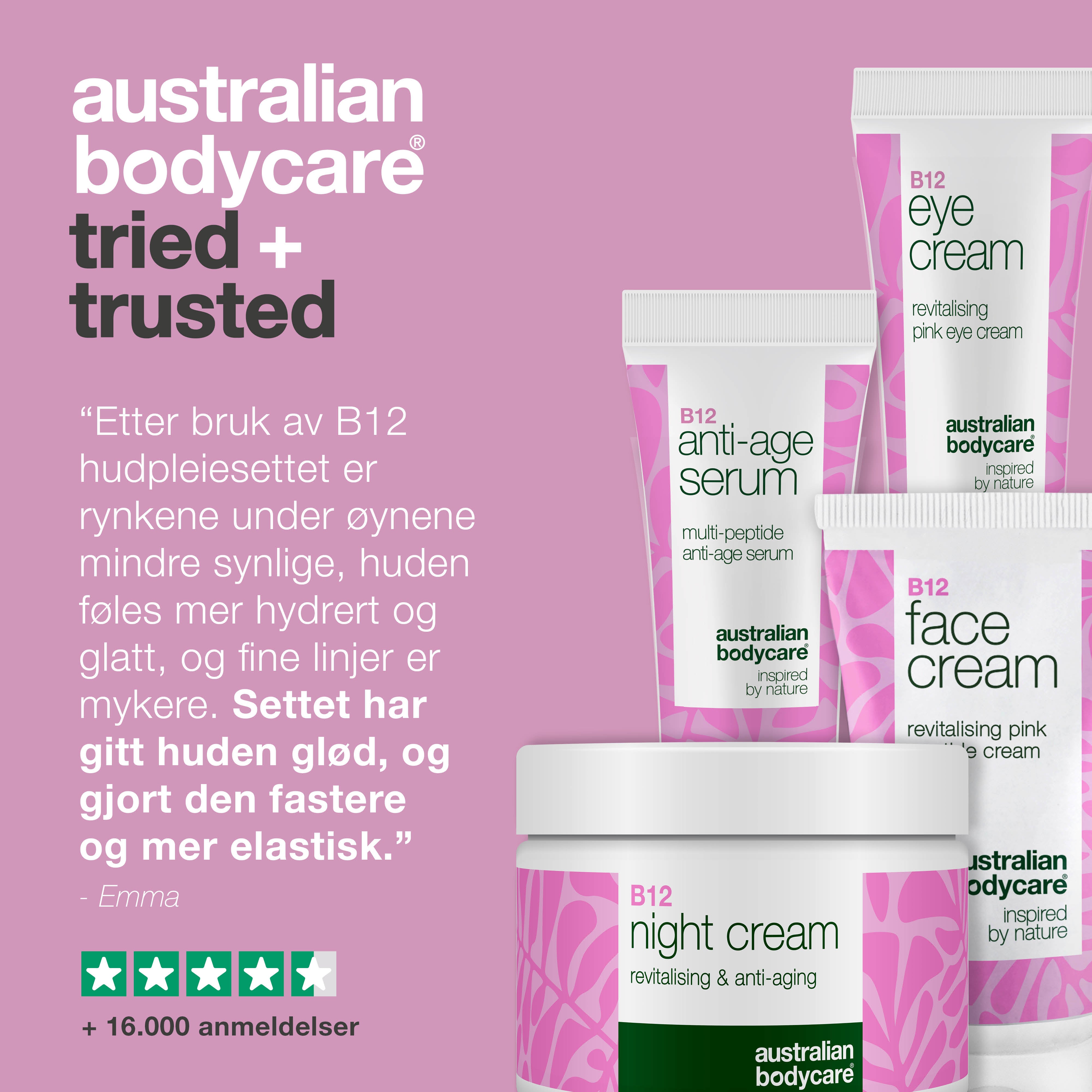 B12 Hudpleiesett – Reduser Rynker og Få Strålende Glød — 4 produkter med B12 for anti-age effekt. Få fast og ungdommelig hud.