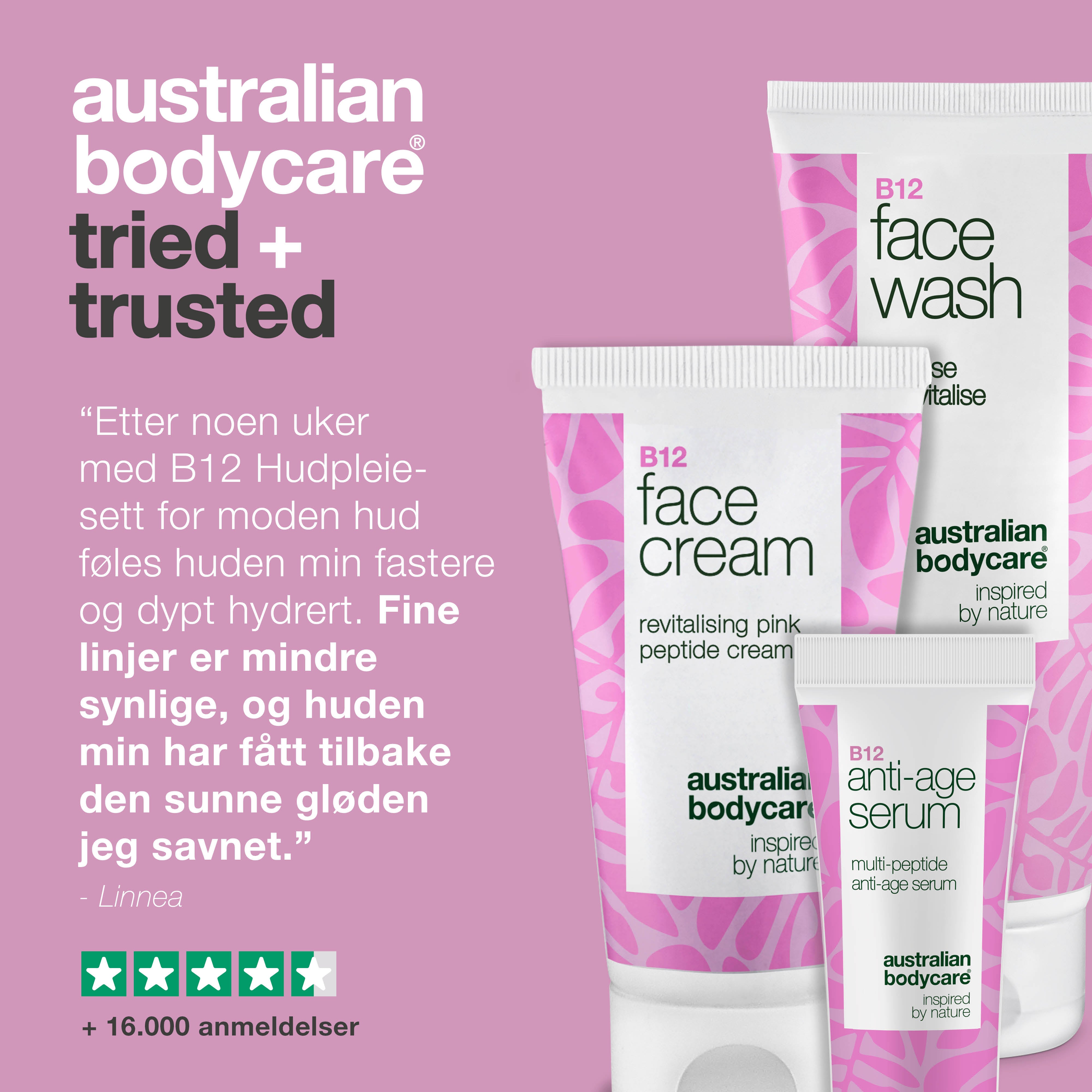 Ansigtsrens, Serum og Creme med B12 til Moden Hud — Effektiv hudpleje til moden hud med B12. Rens, serum og creme for fasthed og strålende hud.