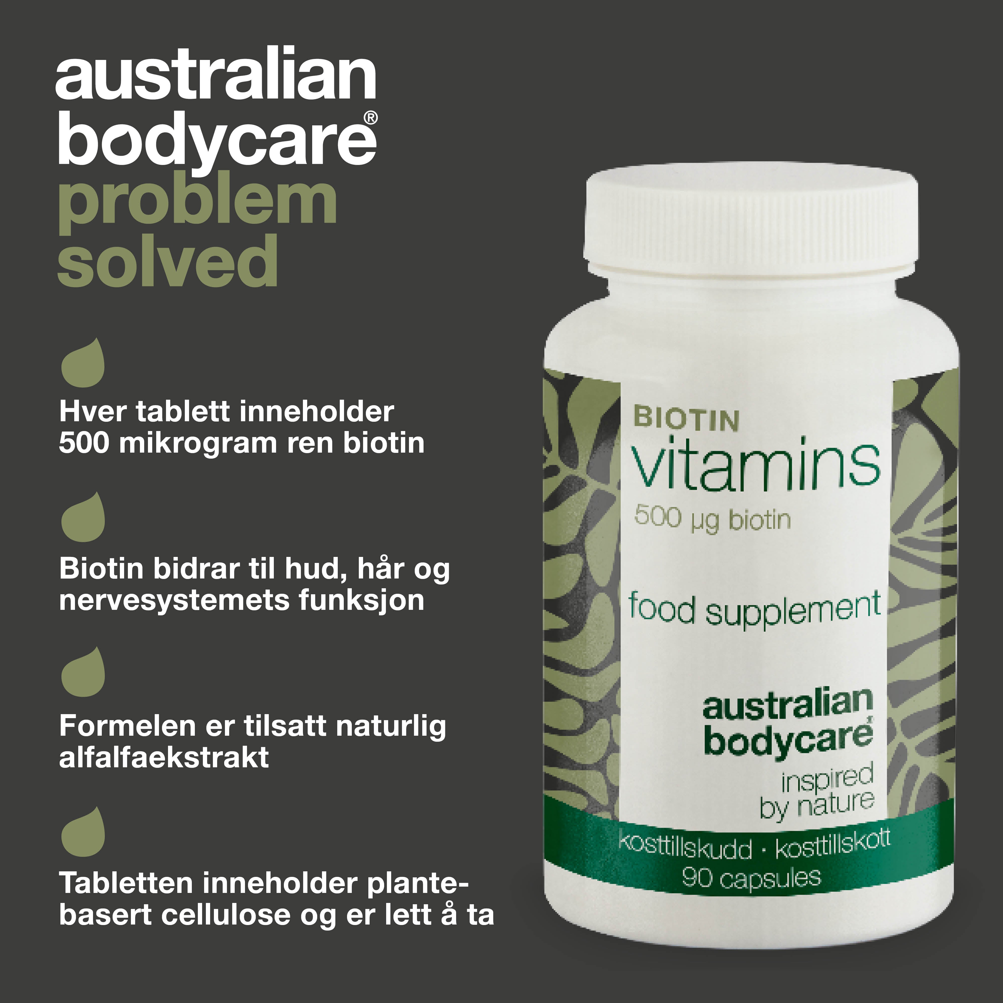 Biotin 500 µg – kosttilskudd med vitamin B7 – 90 stk. — Biotin 500 µg med vitamin B7 – til daglig støtte for hår, hud og slimhinner. Med biotin, Medicago sativa og cellulose.