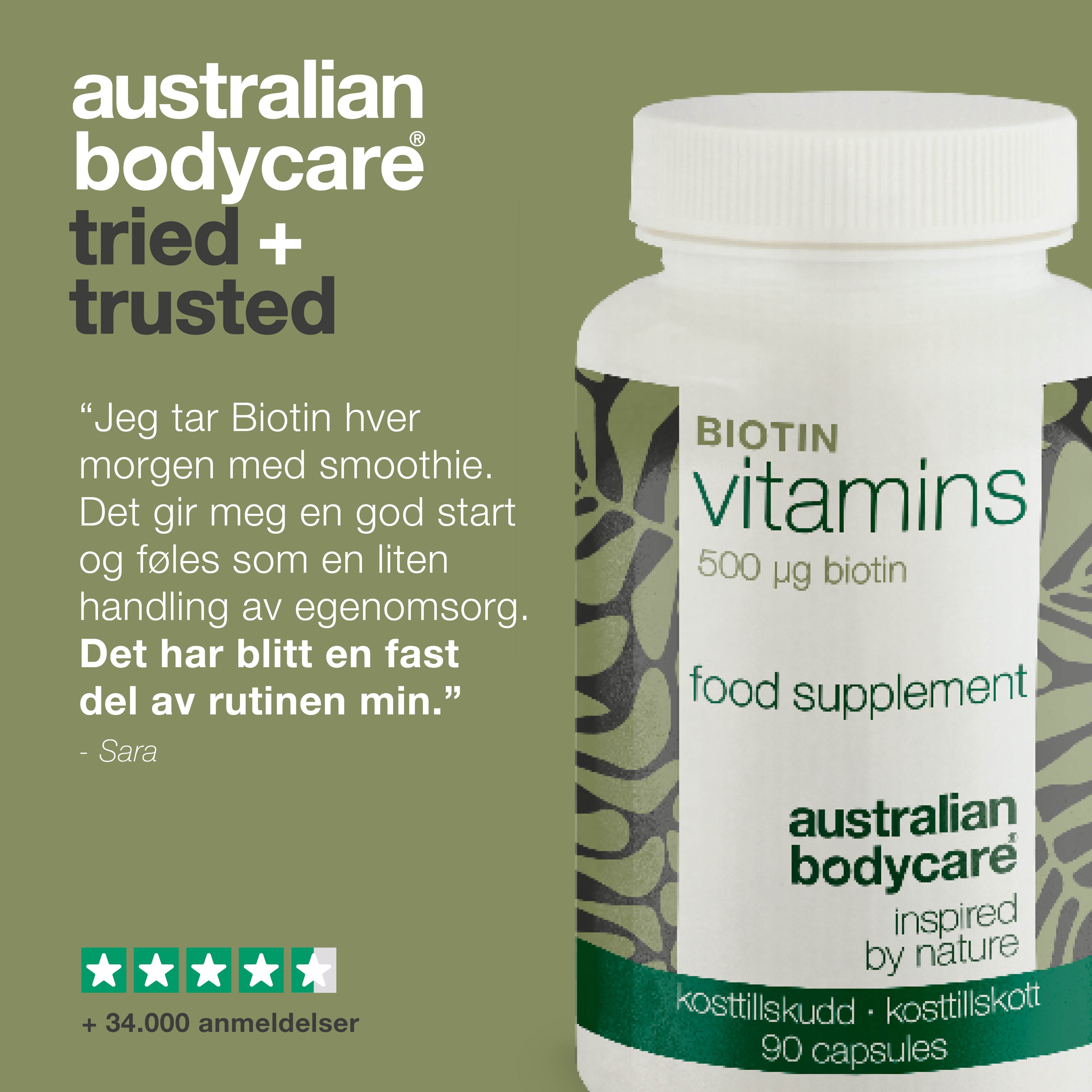 Biotin 500 µg – kosttilskudd med vitamin B7 – 90 stk. — Biotin 500 µg med vitamin B7 – til daglig støtte for hår, hud og slimhinner. Med biotin, Medicago sativa og cellulose.
