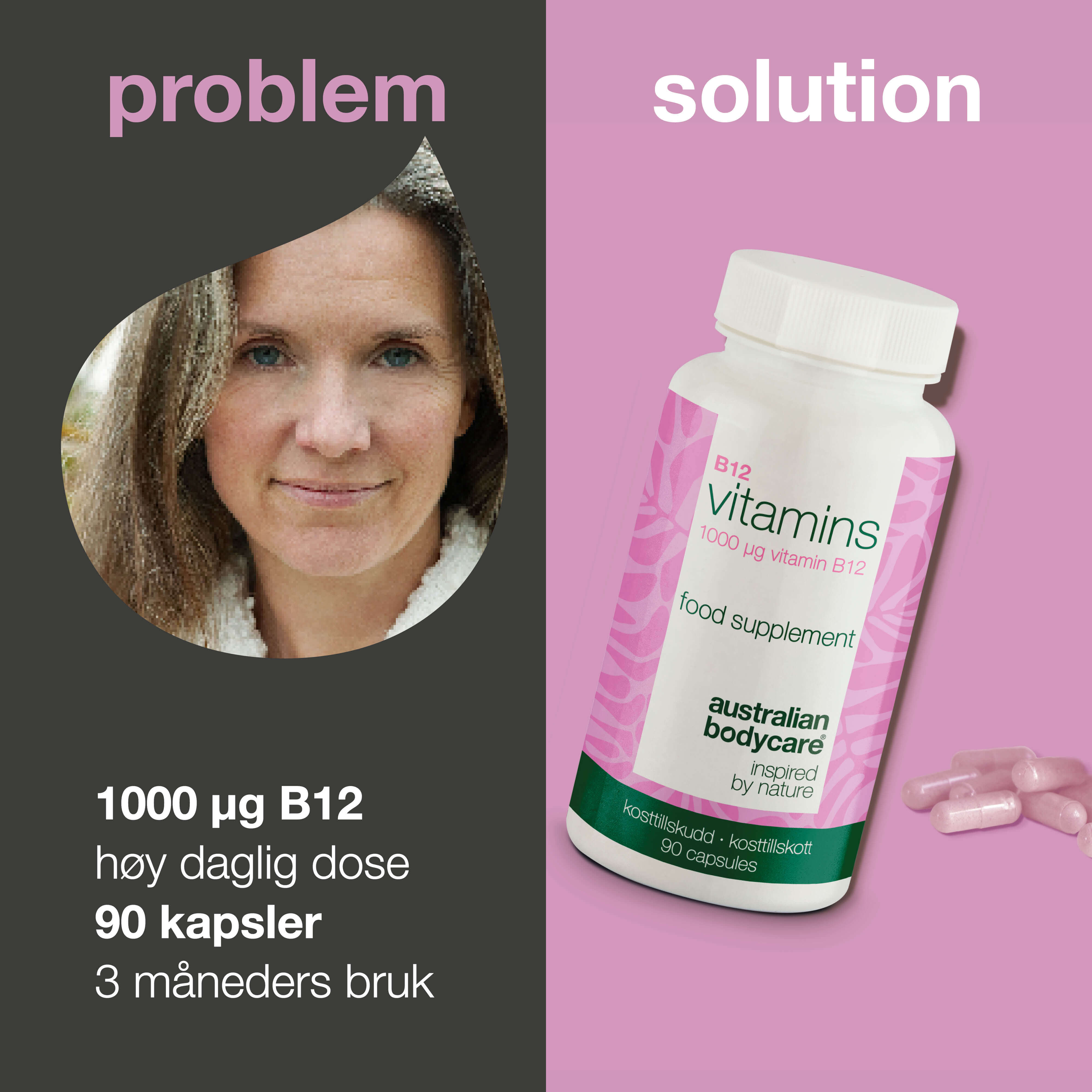 Vitamin B12 Kosttilskudd – 90 Veganske Kapsler, 1000 µg — Vitamin B12 i høy dose – 1000 µg per kapsel. 90 veganske kapsler gir 90 dagers bruk. Ideell støtte for energi og vegansk ernæring.