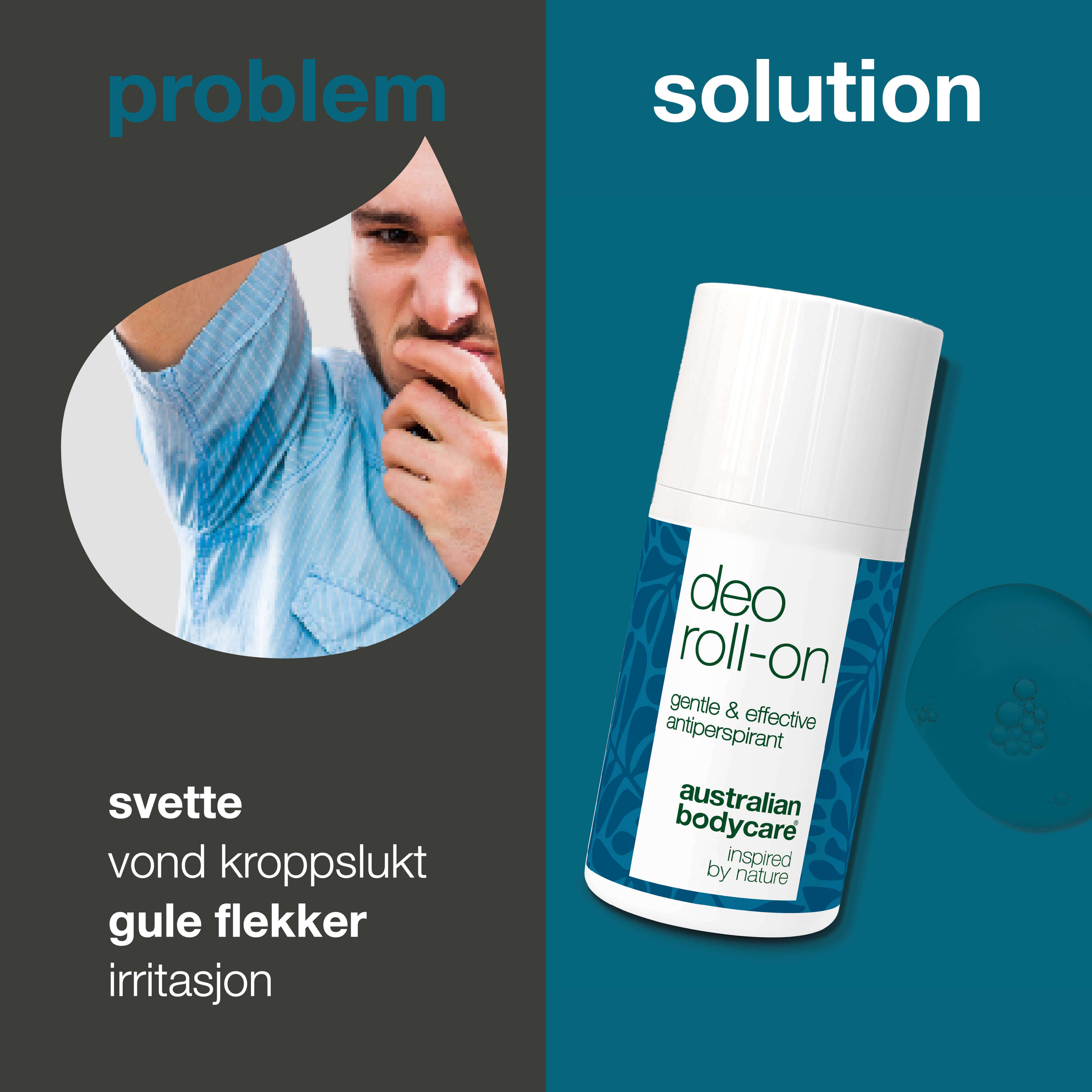 Roll-on Deo for daglig beskyttelse mot svette, vond lukt, røde nupper og flekker. Med 4-terpineol, glyserin, melkesyre og vitamin E.