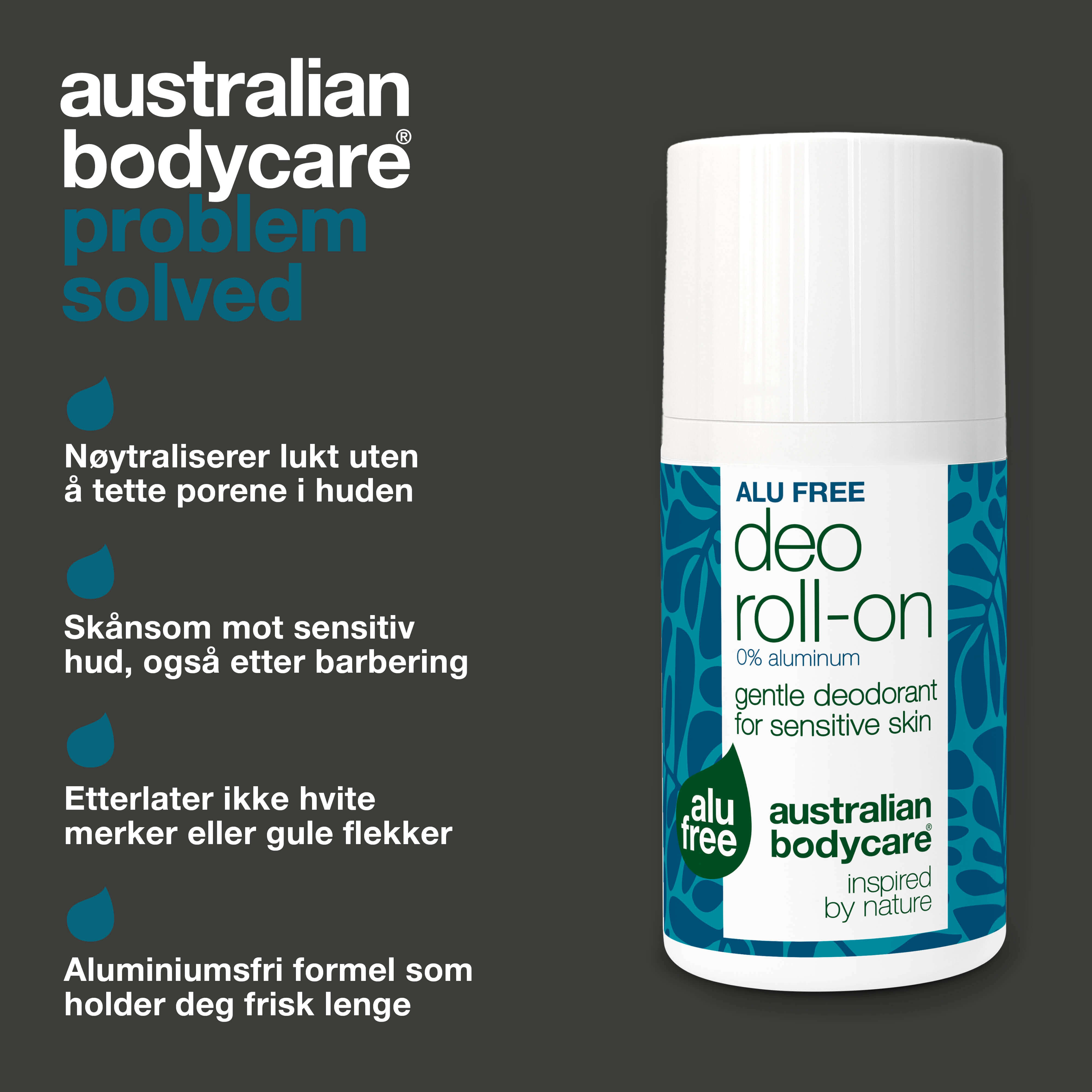 Naturlig deodorant uten aluminium som reduserer svettelukt, fukt og rødhet. Inneholder 4-terpineol, octenidin, melkesyre og glyserin.