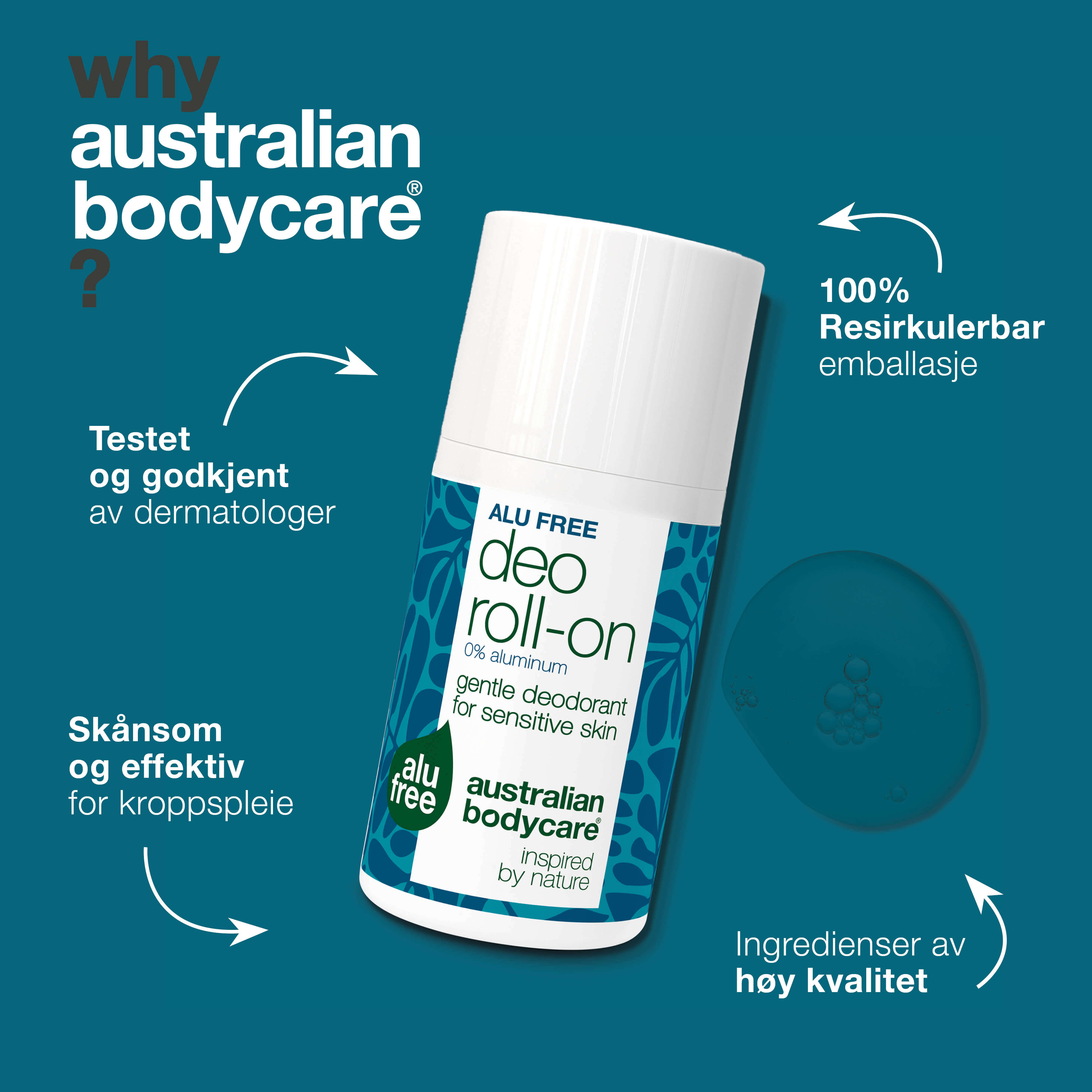 Naturlig deodorant uten aluminium som reduserer svettelukt, fukt og rødhet. Inneholder 4-terpineol, octenidin, melkesyre og glyserin.