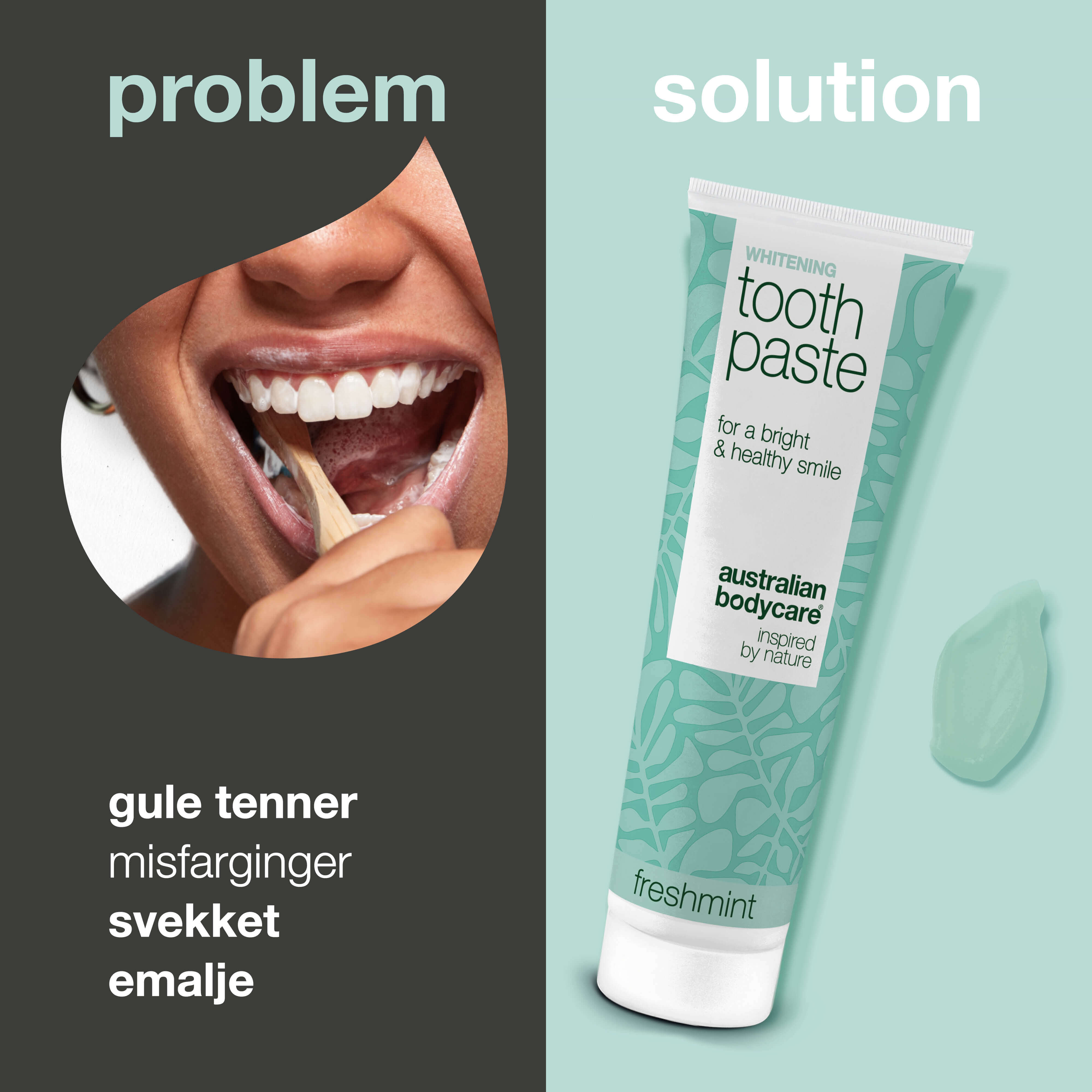 Whitening Tannkrem – Fjerner flekker og gir hvitere tenner — Whitening tannkrem som bekjemper gule tenner og styrker emaljen. Med hydrert silika, alumina og mentol for frisk pust.