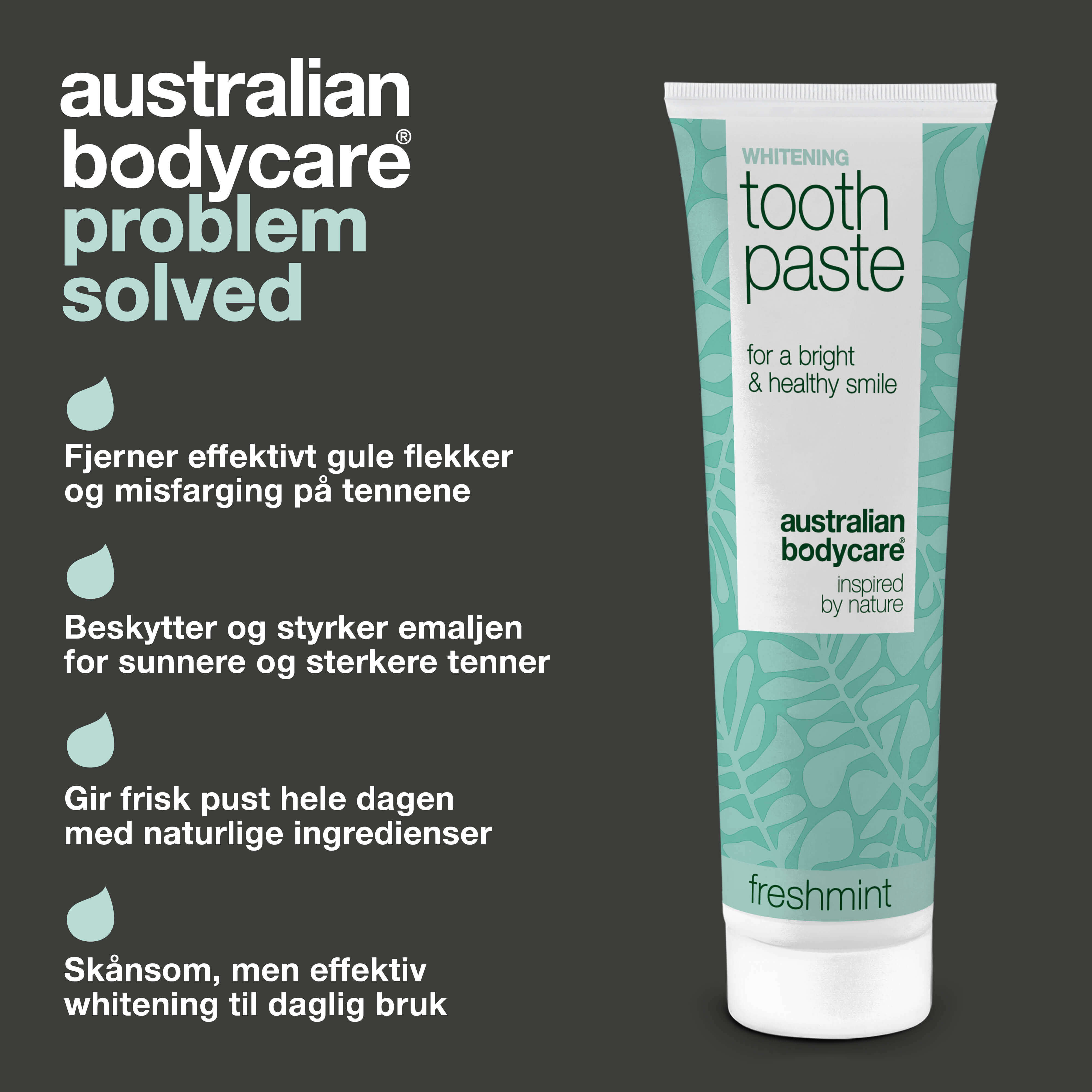 Whitening Tannkrem – Fjerner flekker og gir hvitere tenner — Whitening tannkrem som bekjemper gule tenner og styrker emaljen. Med hydrert silika, alumina og mentol for frisk pust.