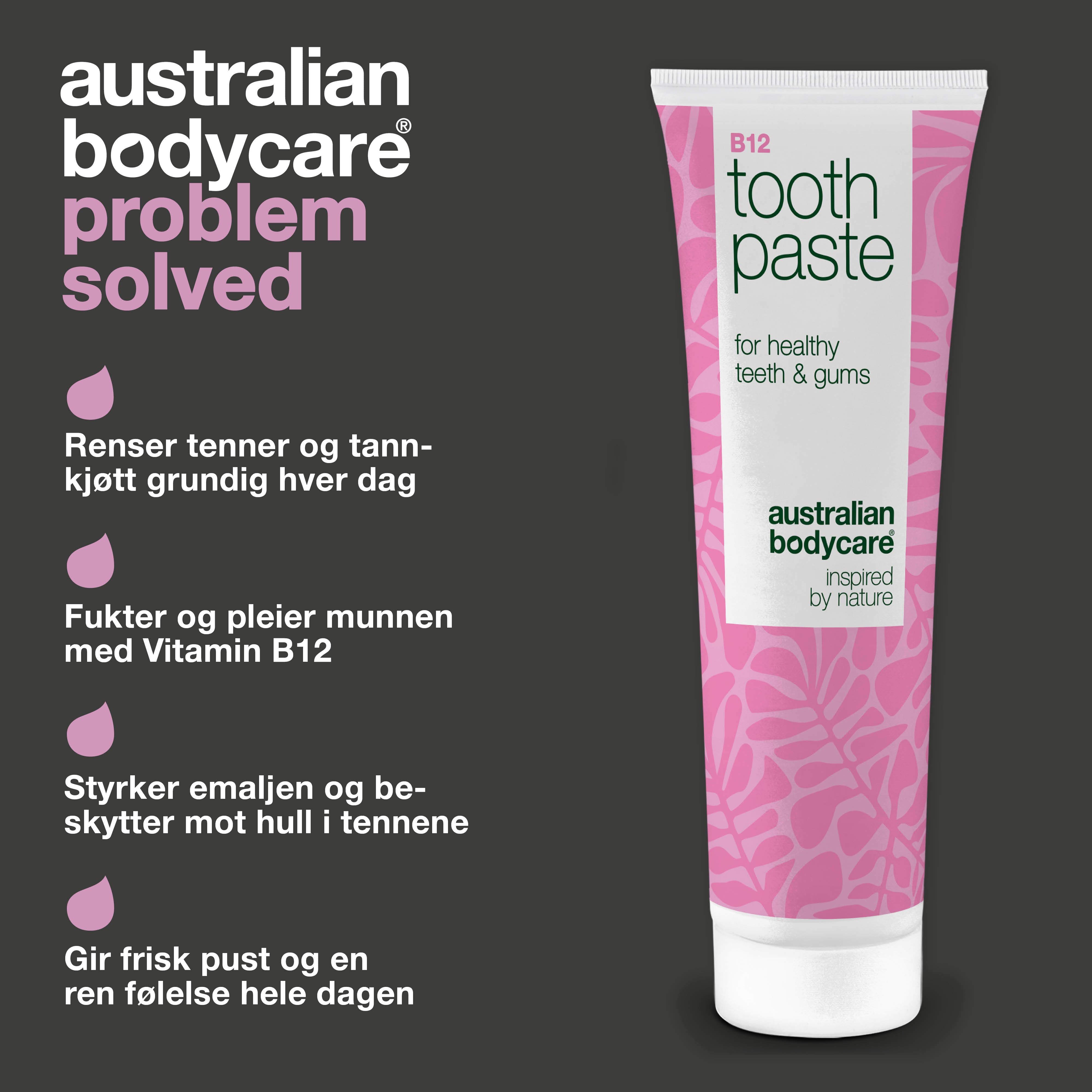 Vitamin B12 Tannkrem lindrer tørrhet og følsomt tannkjøtt. Styrker tennene og gir frisk pust. Med B12, fluorid, sink, sitronskall og peppermynte.