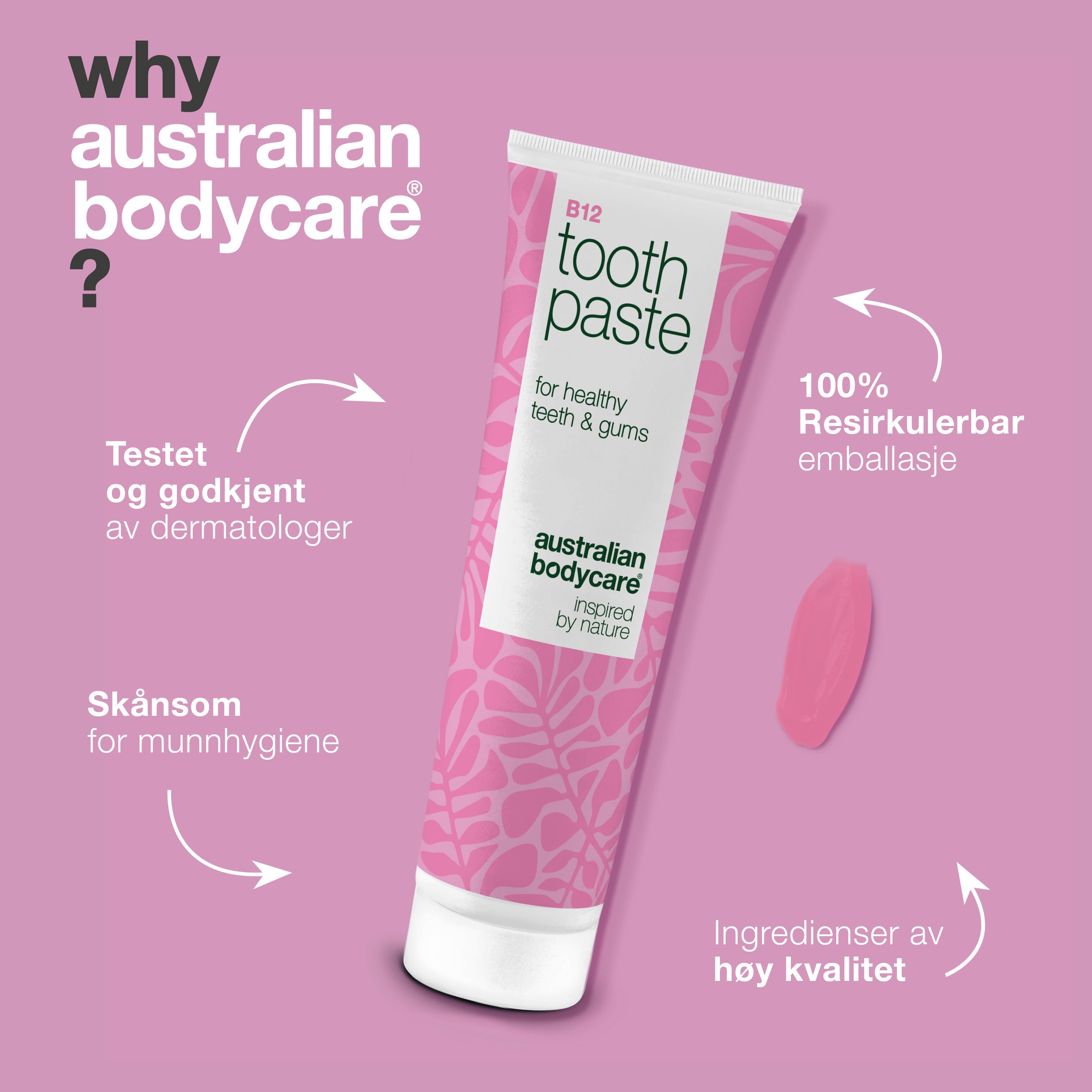 Vitamin B12 Tannkrem lindrer tørrhet og følsomt tannkjøtt. Styrker tennene og gir frisk pust. Med B12, fluorid, sink, sitronskall og peppermynte.