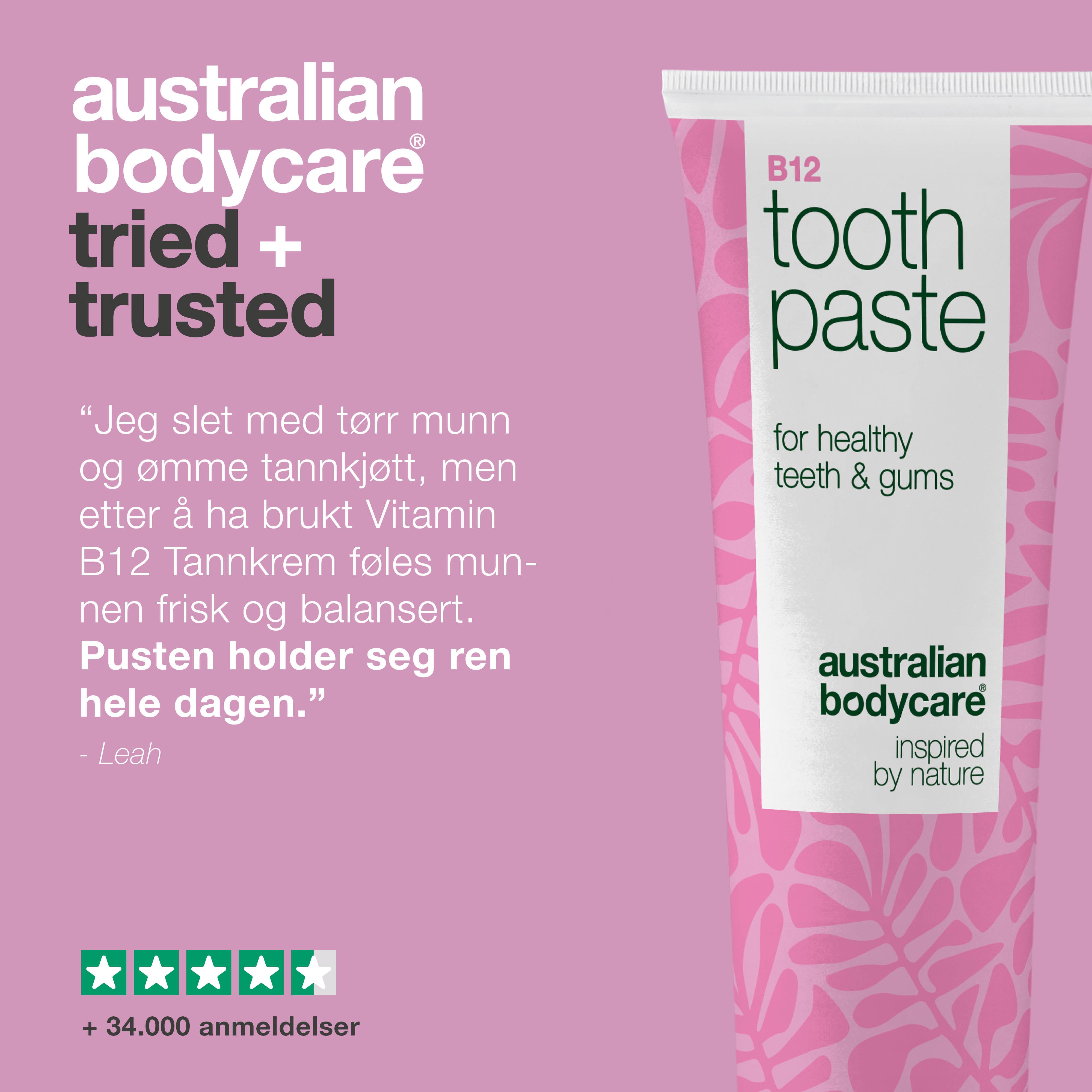 Vitamin B12 Tannkrem lindrer tørrhet og følsomt tannkjøtt. Styrker tennene og gir frisk pust. Med B12, fluorid, sink, sitronskall og peppermynte.
