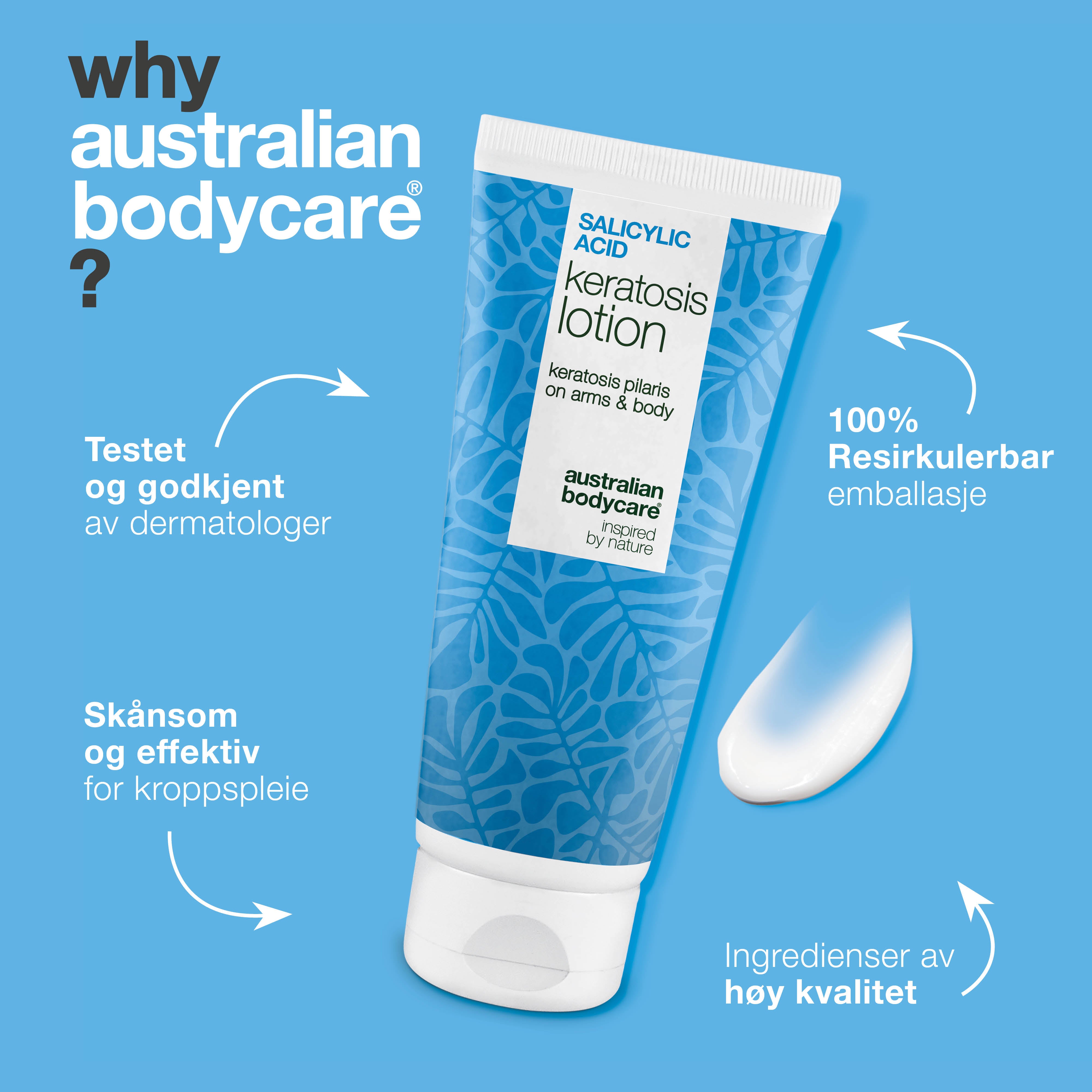 Body lotion for keratosis pilaris og ru, nuppete hud — Body lotion for keratosis pilaris og tørr hud. Inneholder salisylsyre, niacinamid og sink for glattere hud.