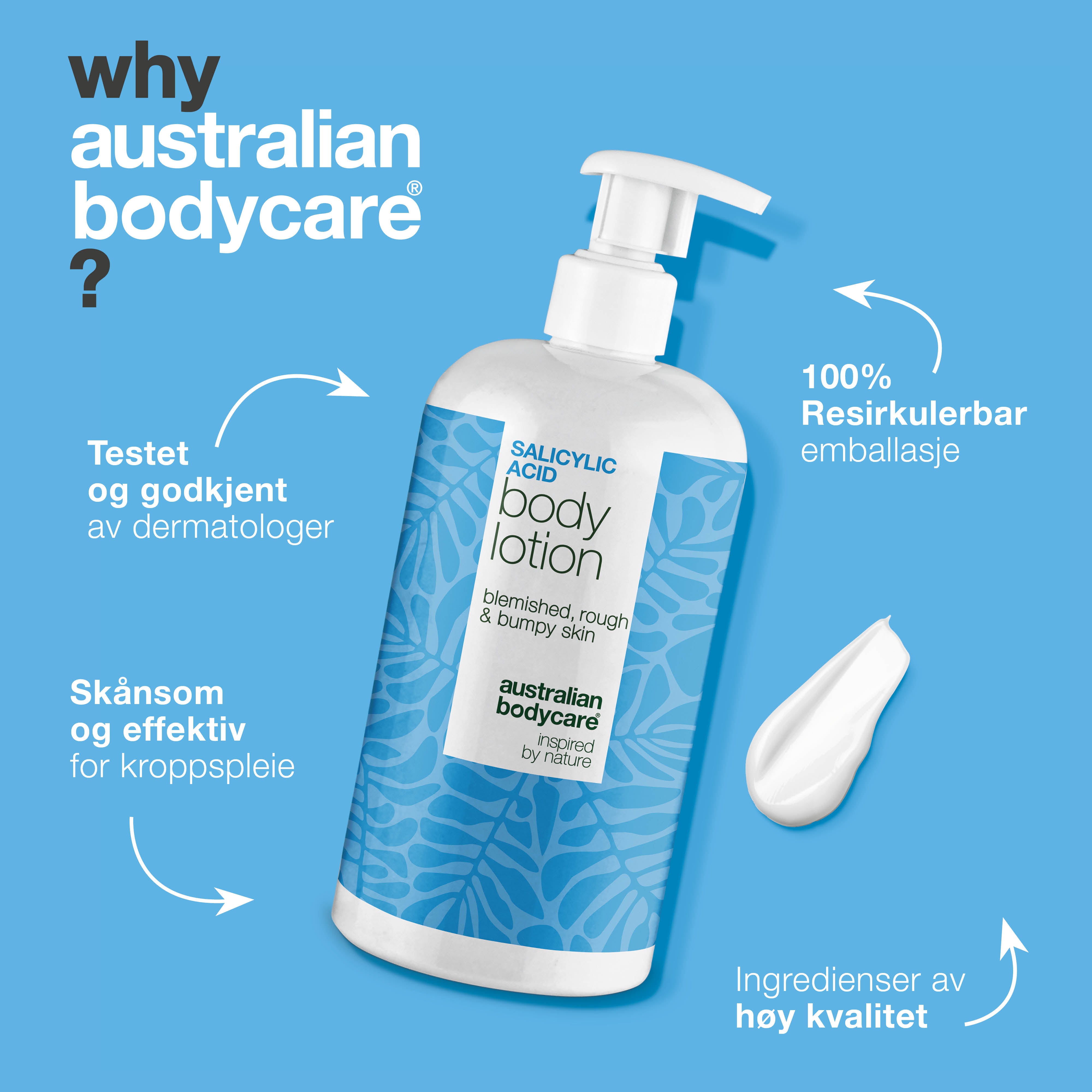 Body Lotion med salisylsyre – for tørr og ujevn hud — Body Lotion med salisylsyre eksfolierer, fukter og hjelper med å mykgjøre tørr og ujevn hud. Perfekt for daglig bruk.