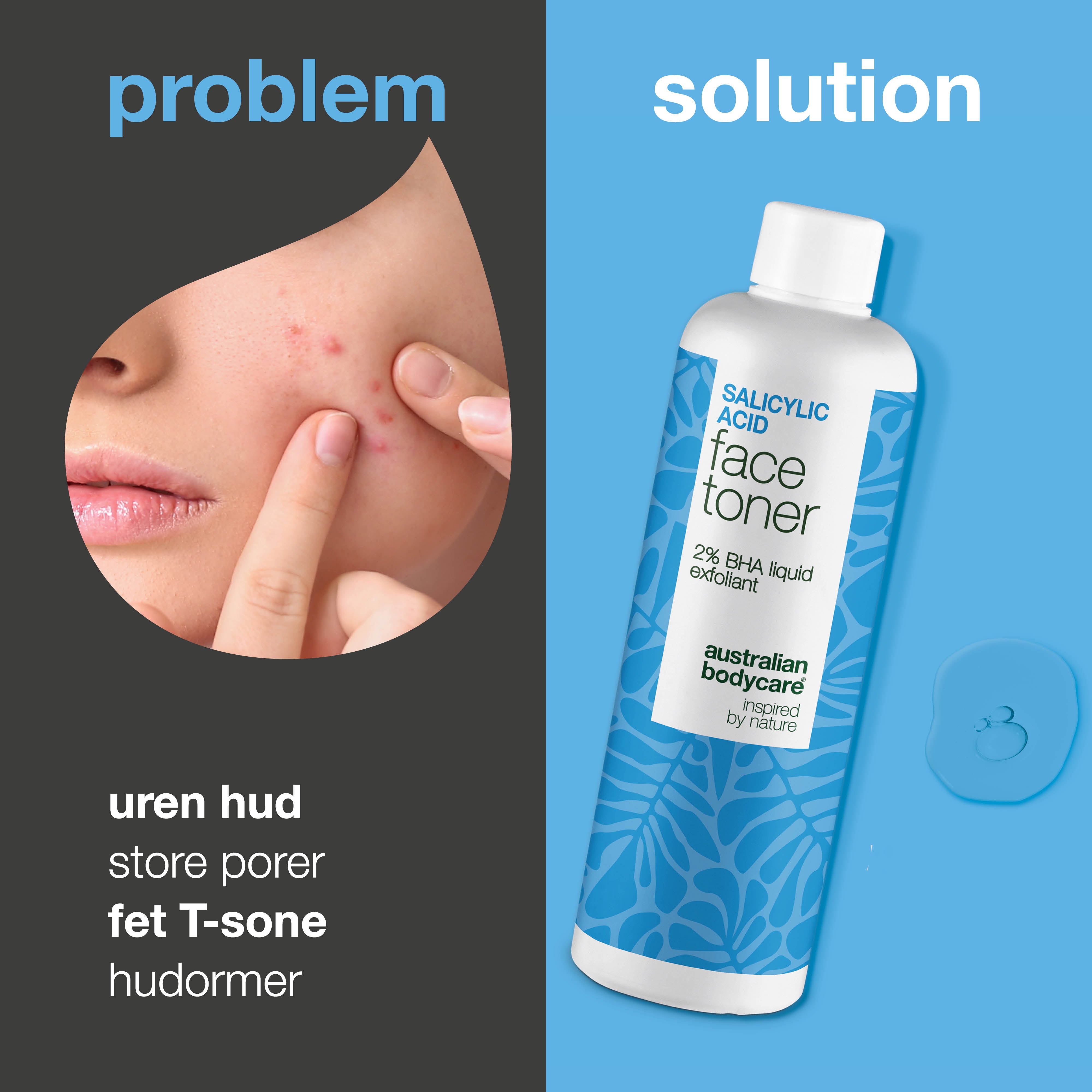 Salicylic Acid toner bekjemper kviser, hudormer og store porer. Gir en klarere hud. Ideell for kombinert hud. Med Salicylic Acid fra Australian Bodycare.