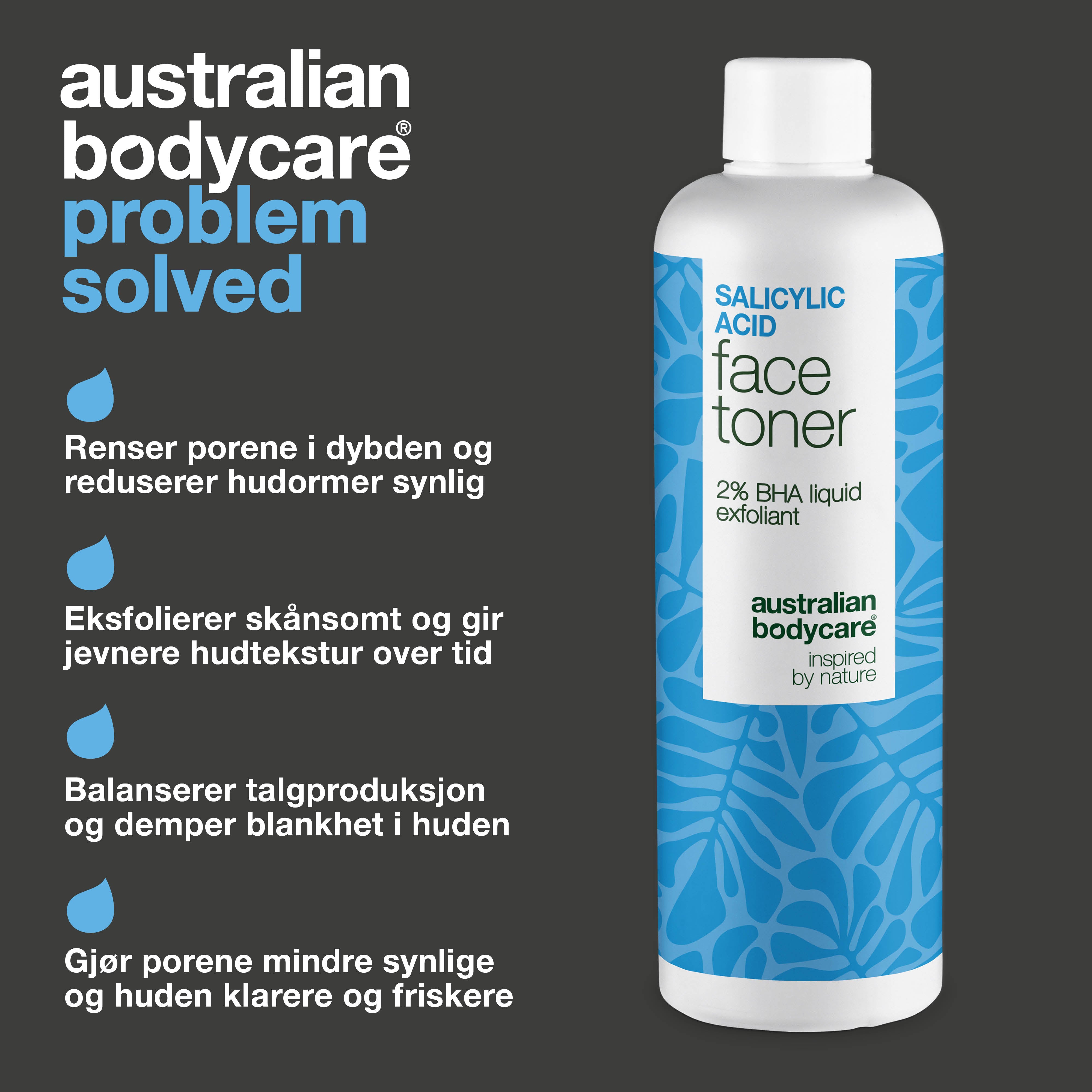 Salicylic Acid toner bekjemper kviser, hudormer og store porer. Gir en klarere hud. Ideell for kombinert hud. Med Salicylic Acid fra Australian Bodycare.