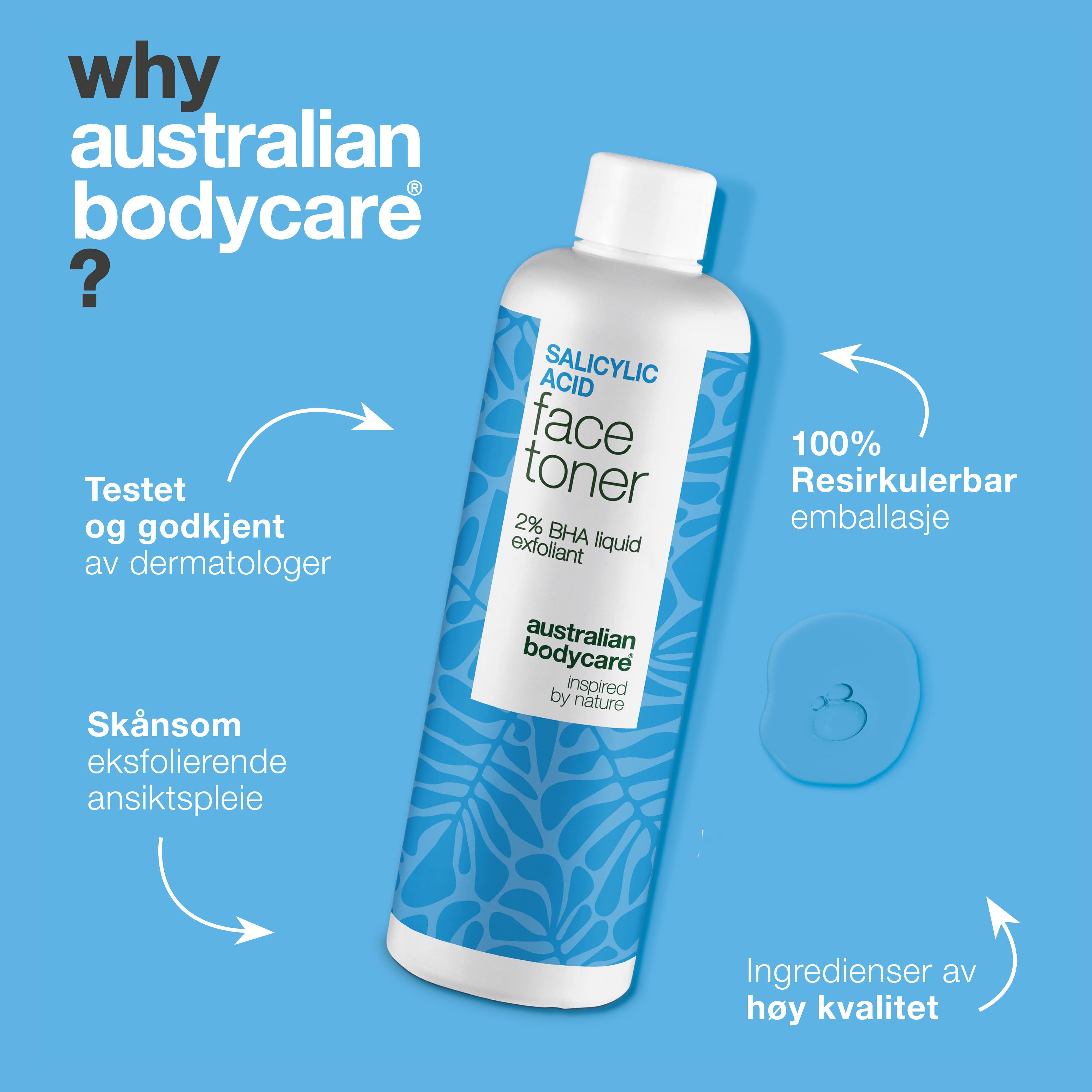 Salicylic Acid toner bekjemper kviser, hudormer og store porer. Gir en klarere hud. Ideell for kombinert hud. Med Salicylic Acid fra Australian Bodycare.